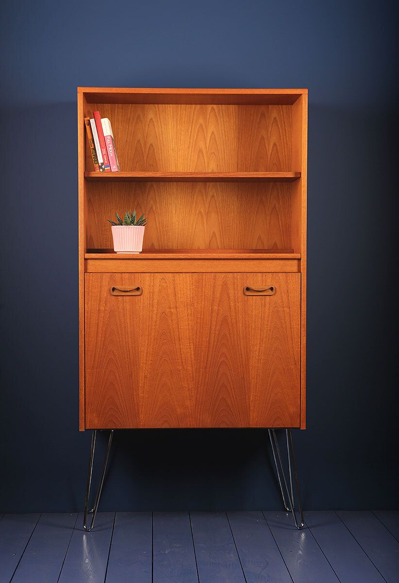 G Plan Fresco Mid Century Tall  Drinks Display Cabinet On Hairpin Or Tapered Teal Feet Legs 1970s