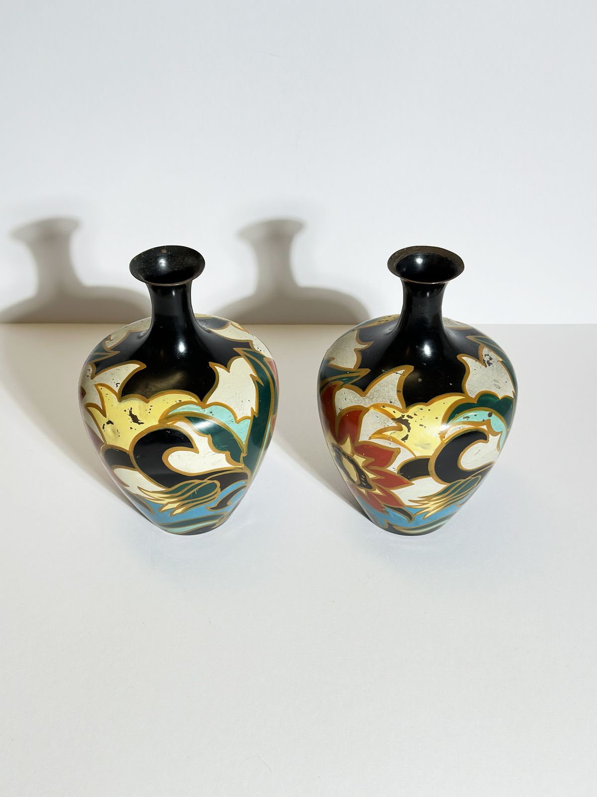 Pair Of Dutch Art Deco Enamelled Brass Vases By Metawa In Gouda Style, 1920s photo for sale