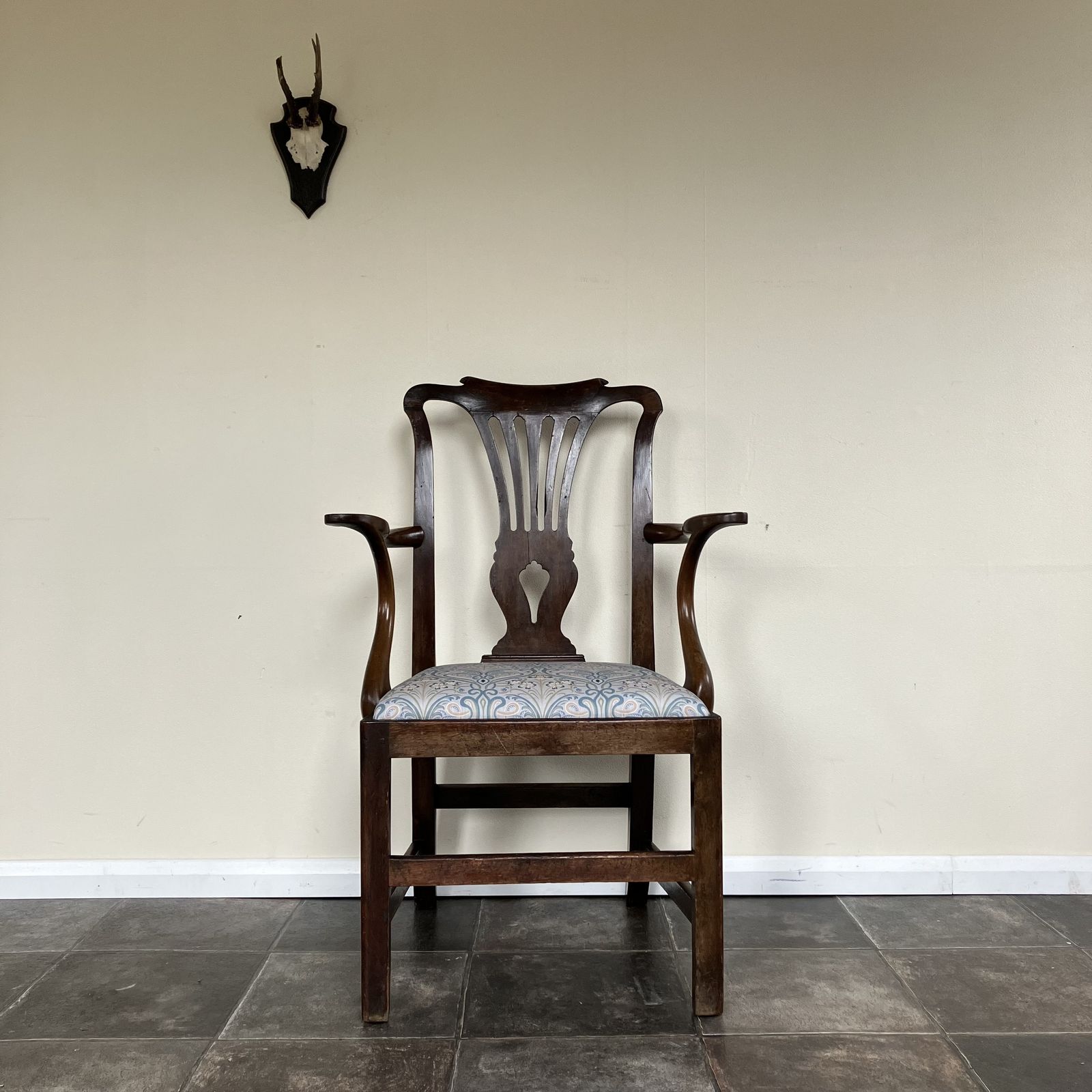 Georgian Carver Chair, Chippendale Style, Pierced Splat Back, Upholstered Seat