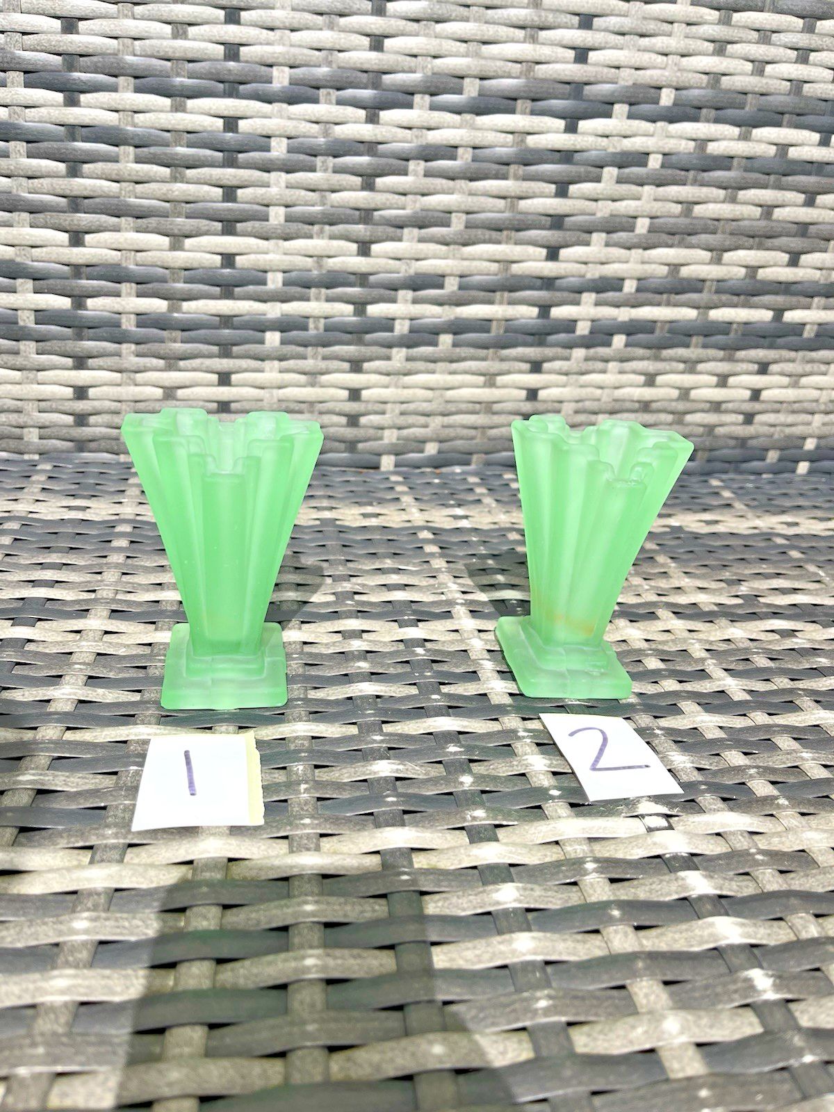 photo furniture 1 Small Art Deco Bagley Grantham 334 Uranium Glass Fanned Stepped Base Posy Vase