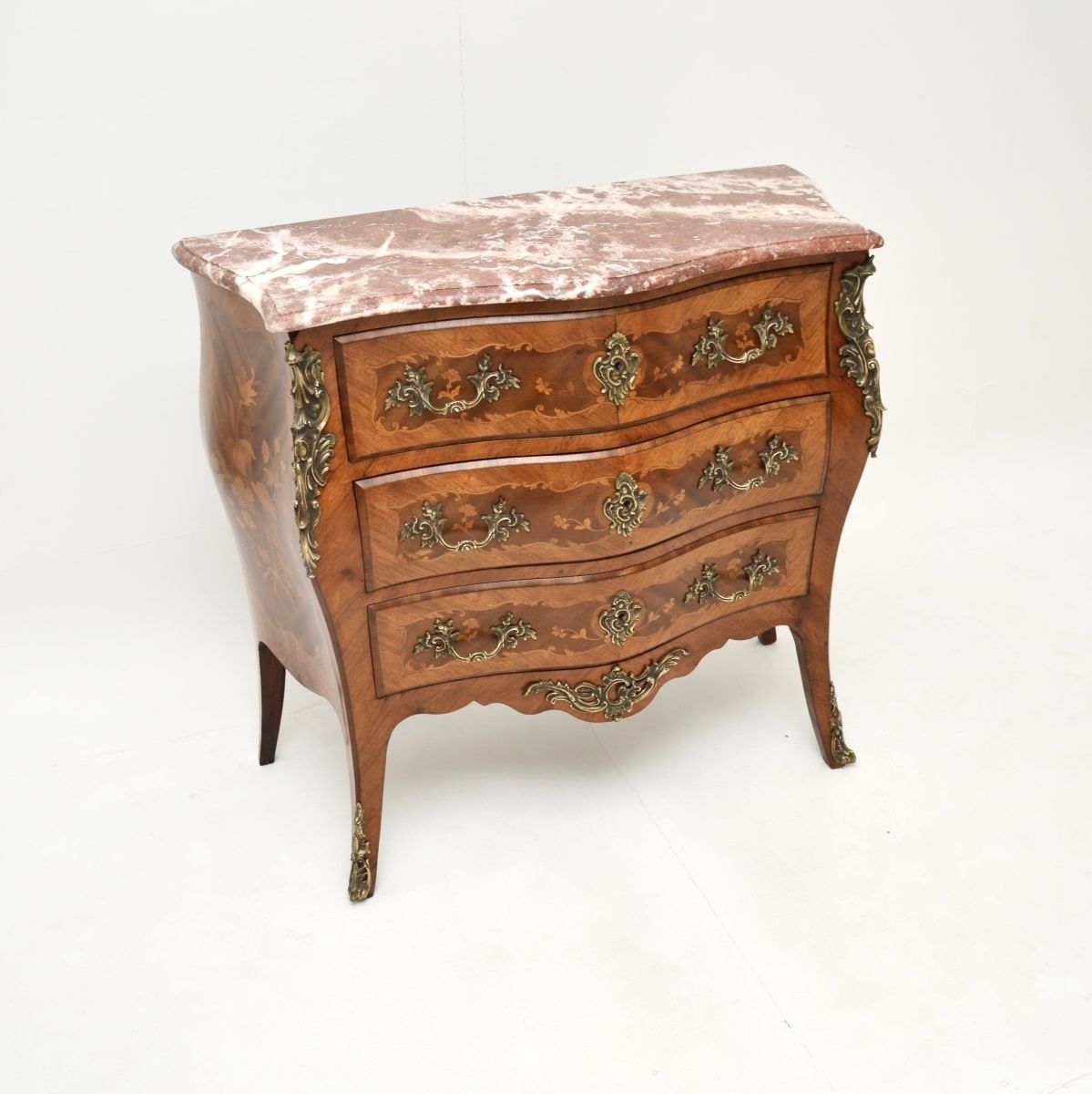 Antique French Inlaid Marquetry Marble Top Bombe Commode