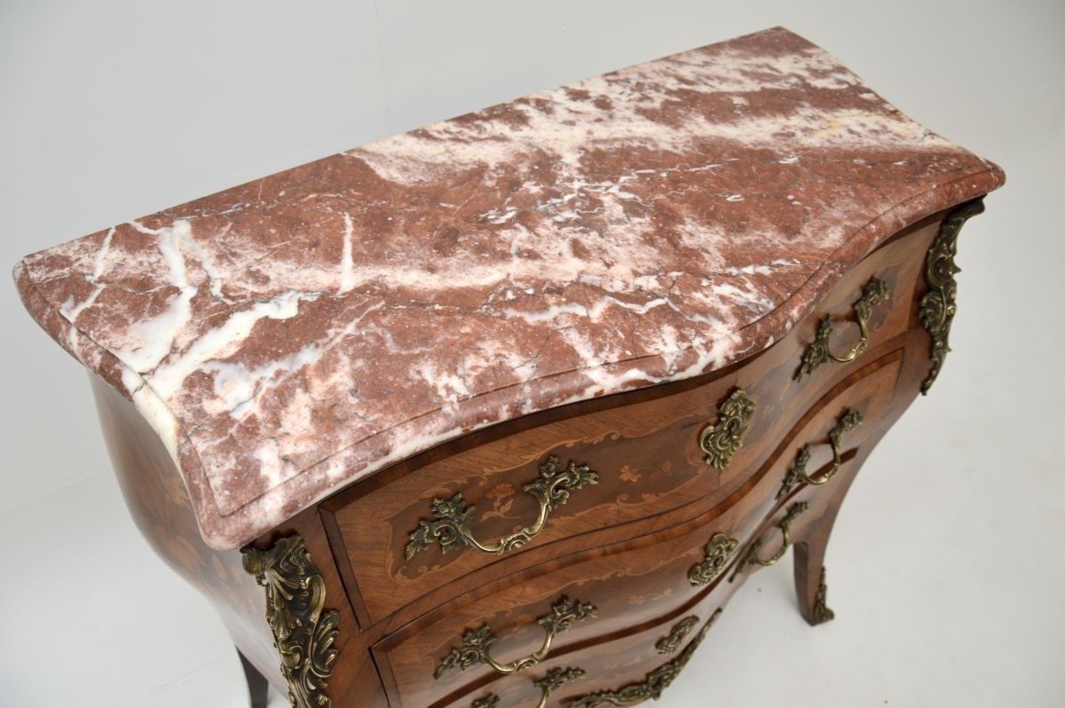 photo for sale Antique French Inlaid Marquetry Marble Top Bombe Commode