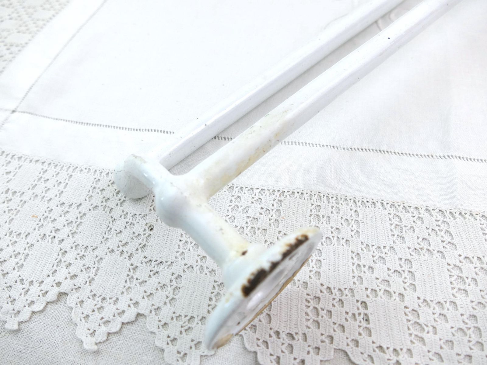 Large Antique Double French Vintage White Porcelain Enameled Bathroom Towel Rack, Retro Shabby Chateau Chic Bathroom Accessory From France photo buy