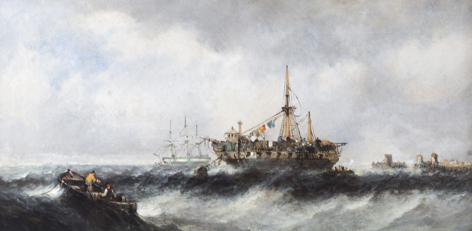 Antique Pair Seascape Oil Paintings Fishing Boats 19th Century photo for sale