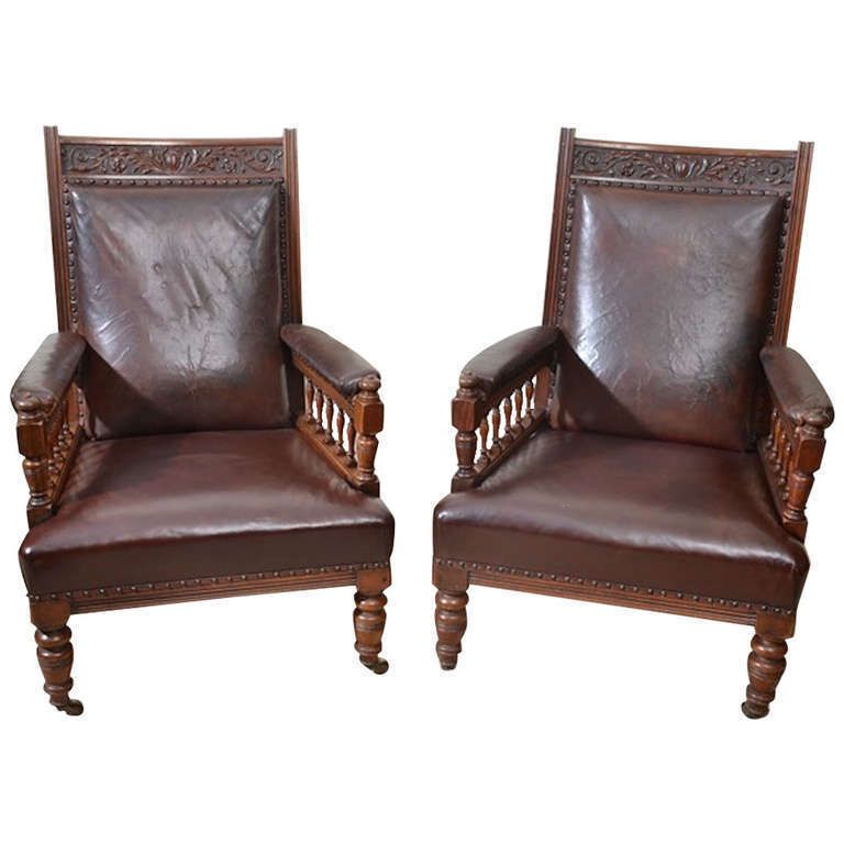 Antique Pair Of English Walnut Leather Armchairs 19th C