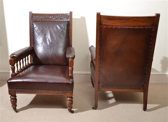 Antique Pair Of English Walnut Leather Armchairs 19th C photo for sale
