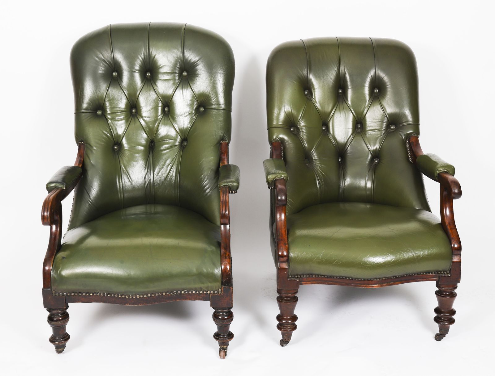 Pair Victorian His & Hers Green Leather Armchairs 19th C photo furniture