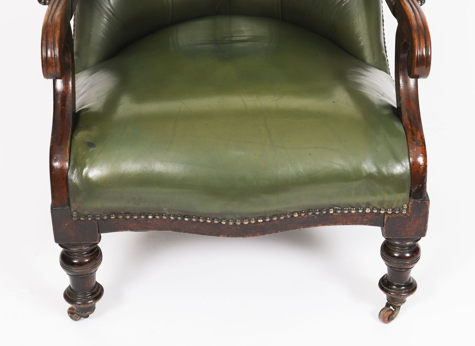 Pair Victorian His & Hers Green Leather Armchairs 19th C photo vintage
