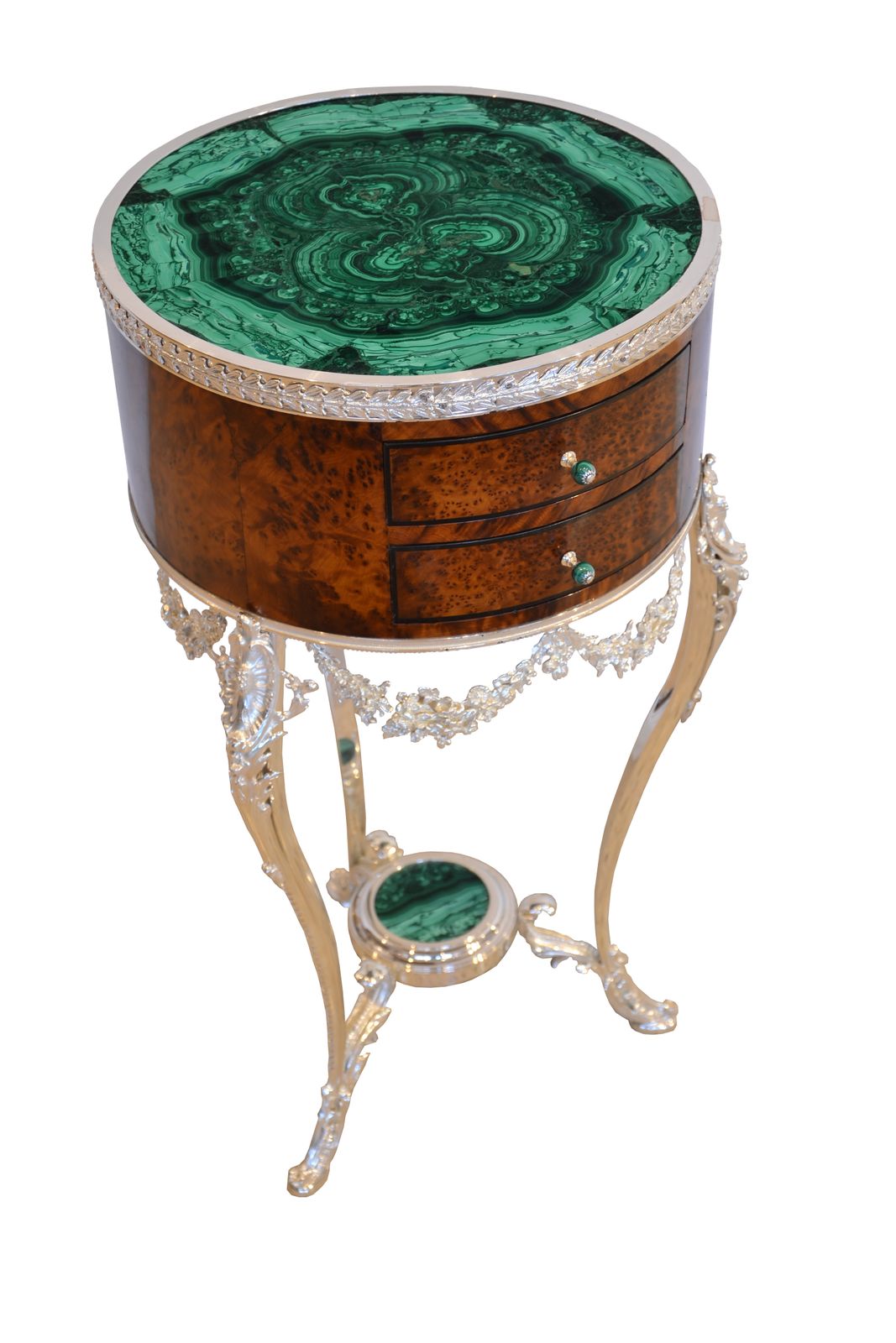 Antique Pair French Thuya Malachite & Silvered Bronze Occasional Tables 20th C photo furniture