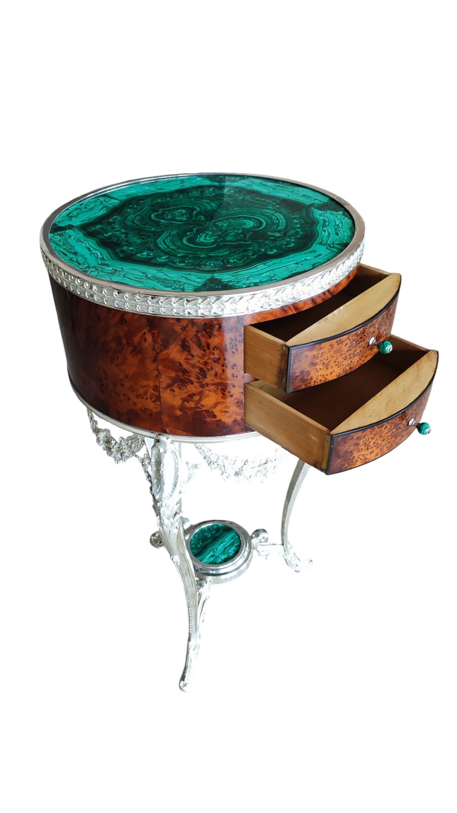 Antique Pair French Thuya Malachite & Silvered Bronze Occasional Tables 20th C photo Furniture