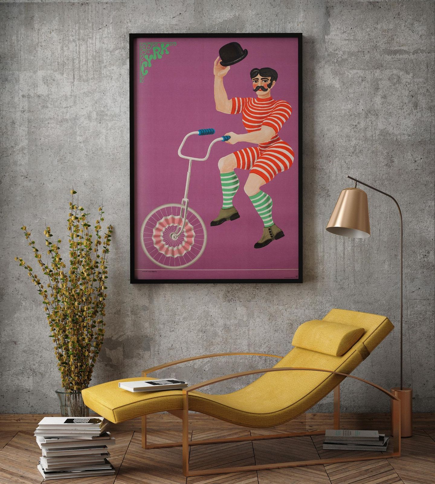 Polish, Cyrk, Circus Poster, 1970, Vintage, Unicycle Gentlemen, Hilscher. photo furniture
