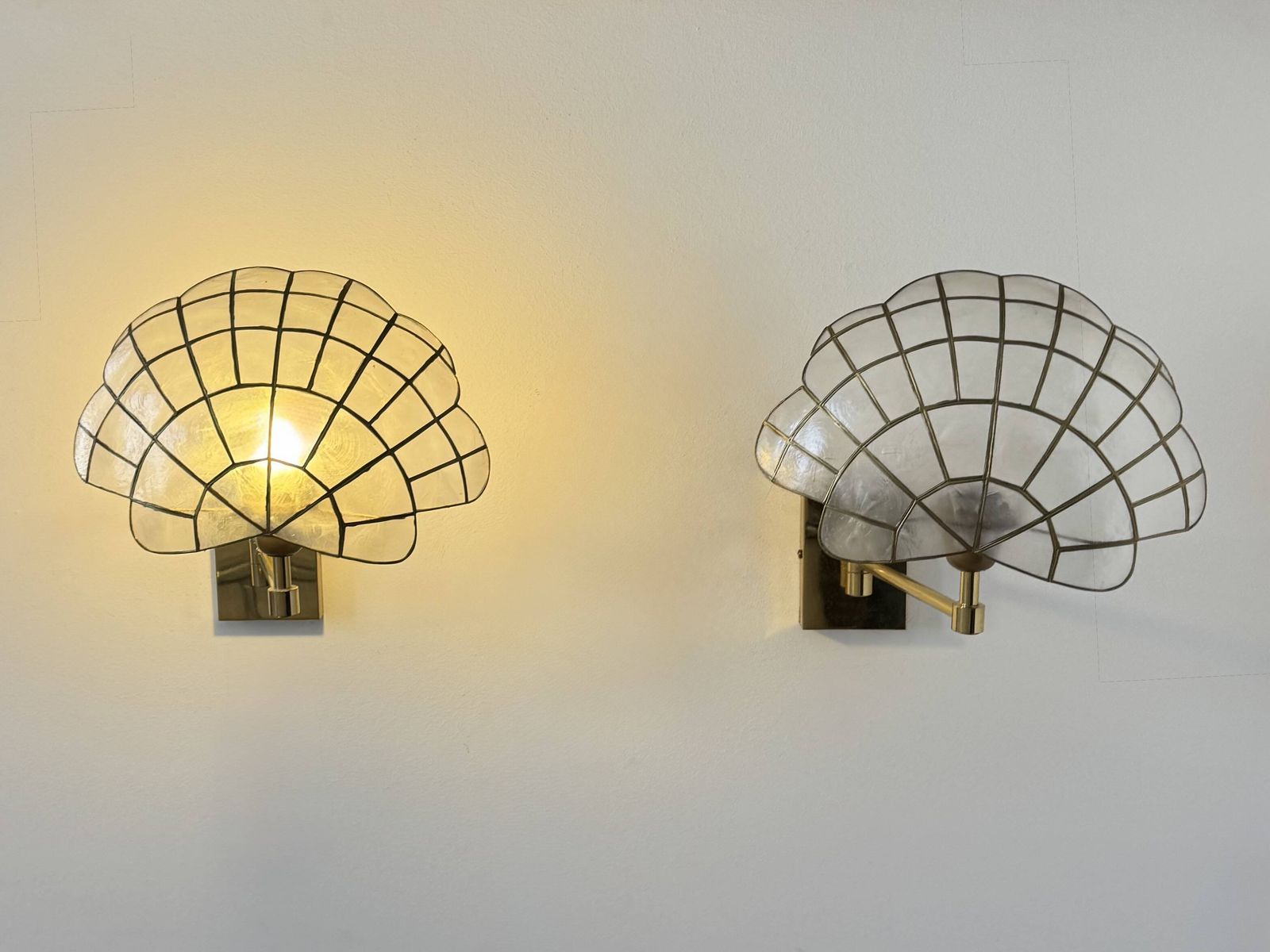 Pair Of Vintage Adjustable Wall Lights, Brass And Mother Of Pearl, France, 1980 photo for sale