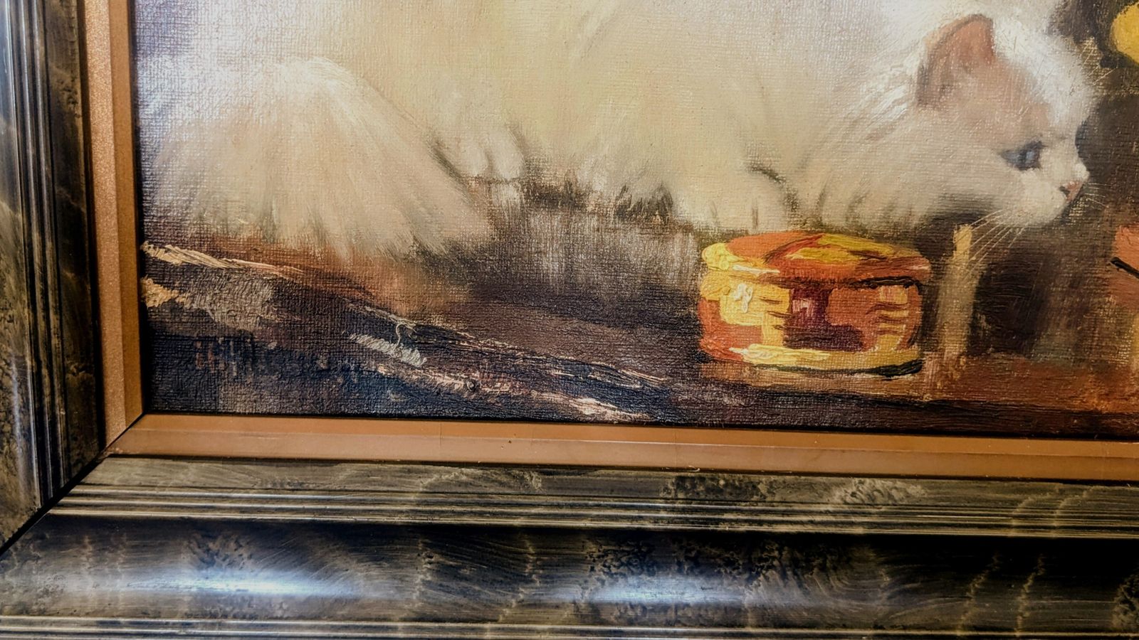 Antique Oil Painting Of A Cat Playing In A Fascinating Setting. photo furniture
