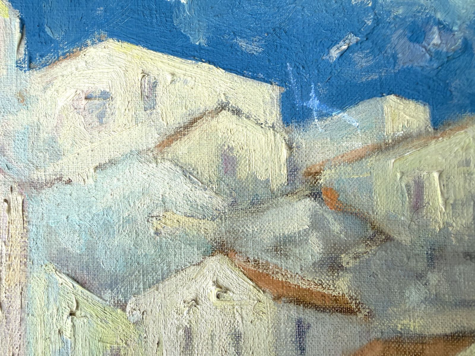 Paysage expressionniste de village méditerranéen perché, Valeri Farras, École catalane, années 1990 photo for sale