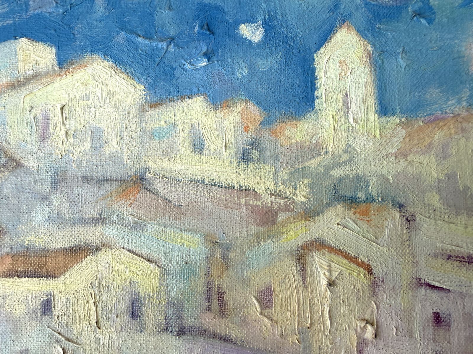Paysage expressionniste de village méditerranéen perché, Valeri Farras, École catalane, années 1990 photo Art