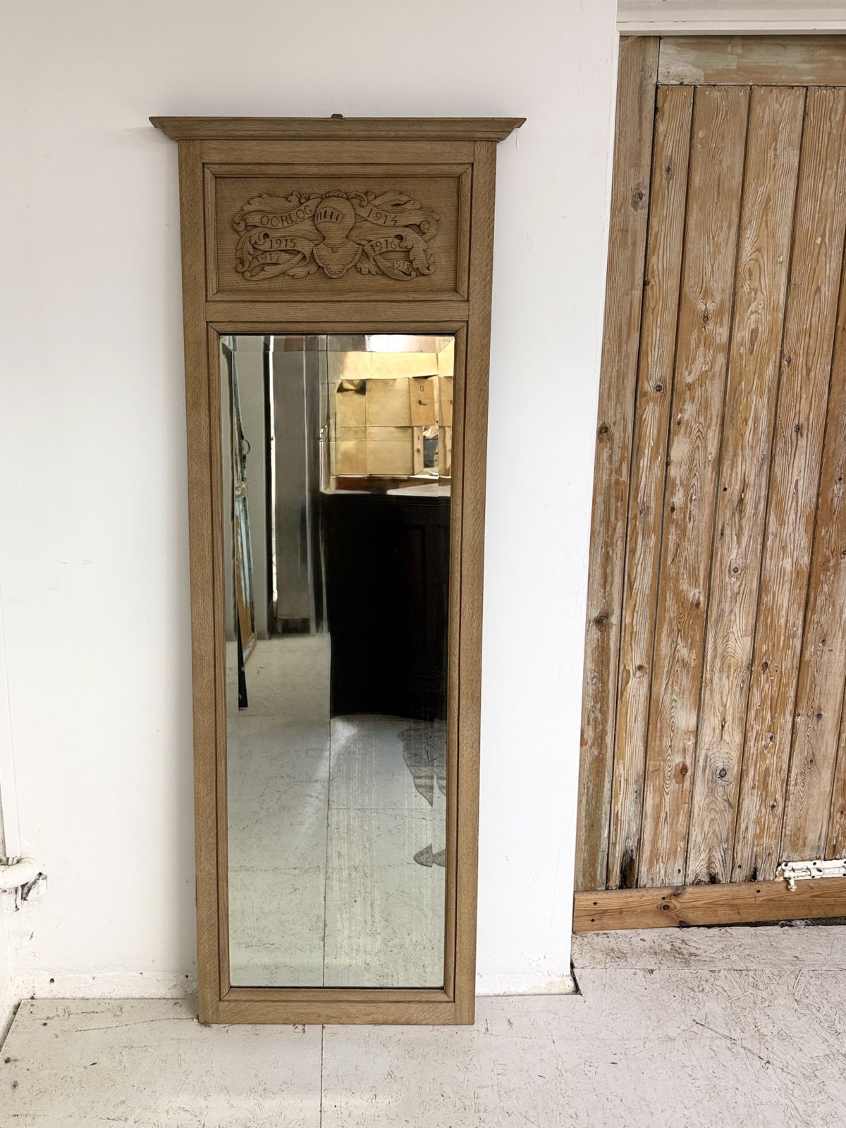photo vinterior Tall Antique French Trumeau Mirror With Raw Oak Frame