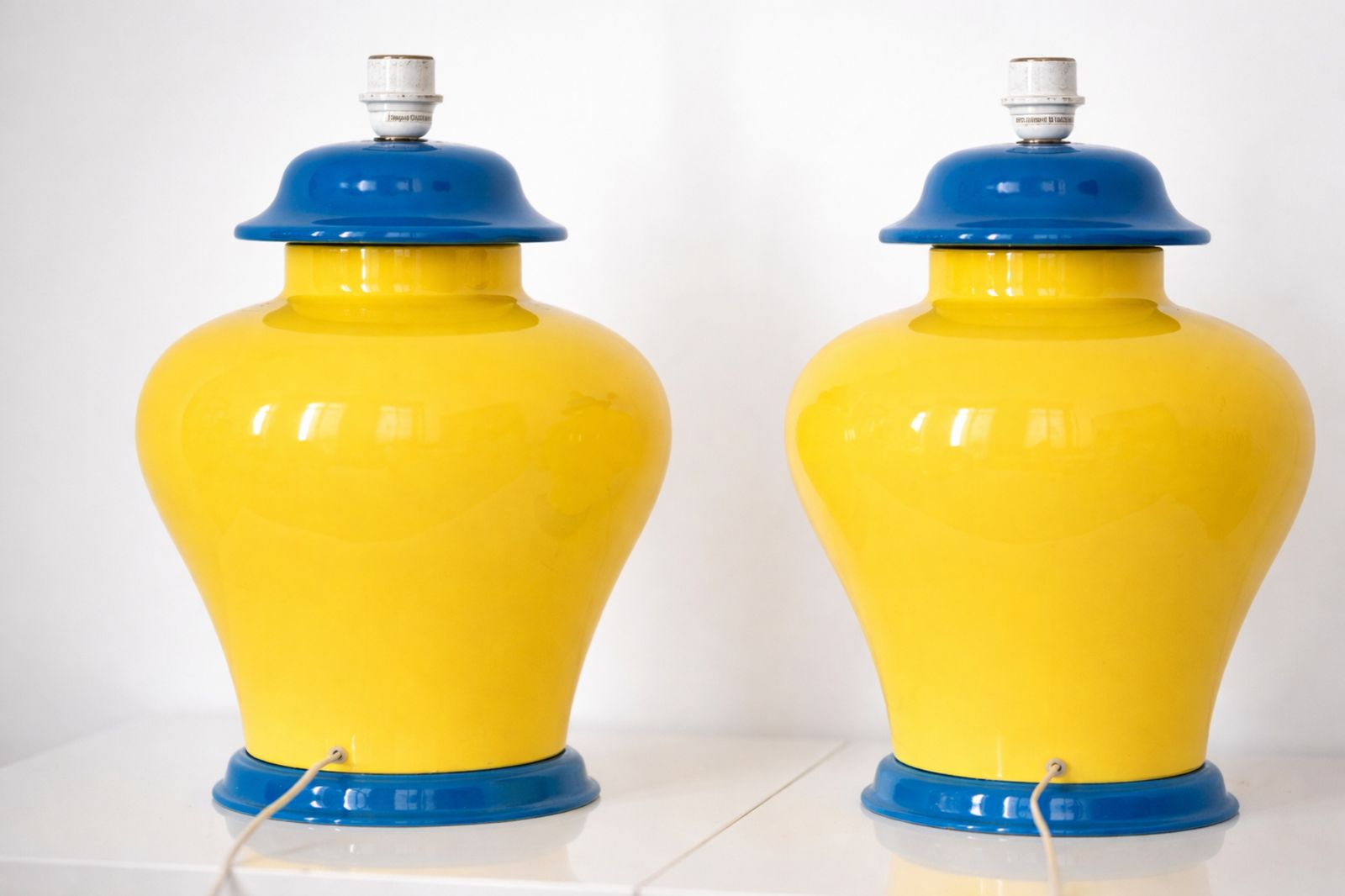 20th Century Pair Of French Glazed Ceramic, Table Lamps In Yellow & Cobalt Blue, Vintage Design photo 900.0