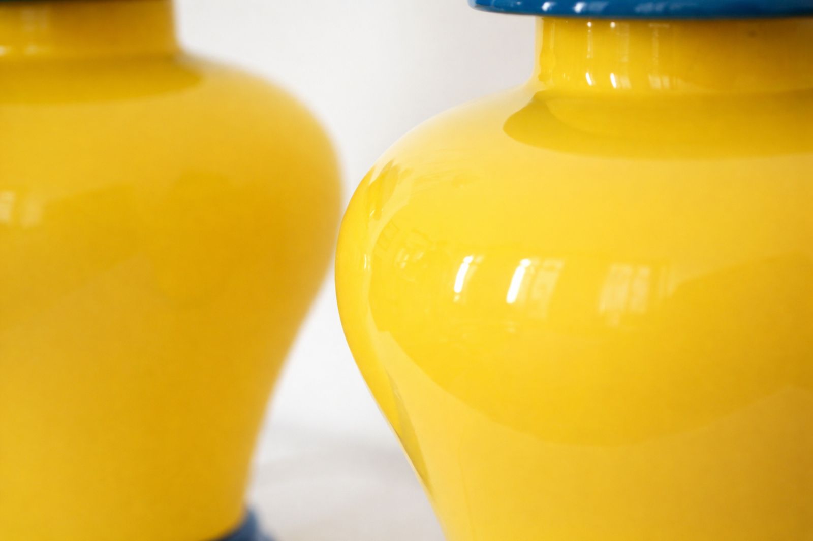 20th Century Pair Of French Glazed Ceramic, Table Lamps In Yellow & Cobalt Blue, Vintage Design photo vintage