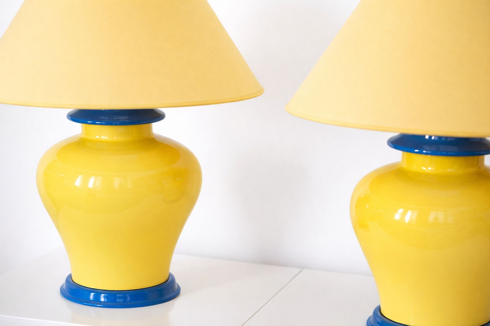 20th Century Pair Of French Glazed Ceramic, Table Lamps In Yellow & Cobalt Blue, Vintage Design photo for sale