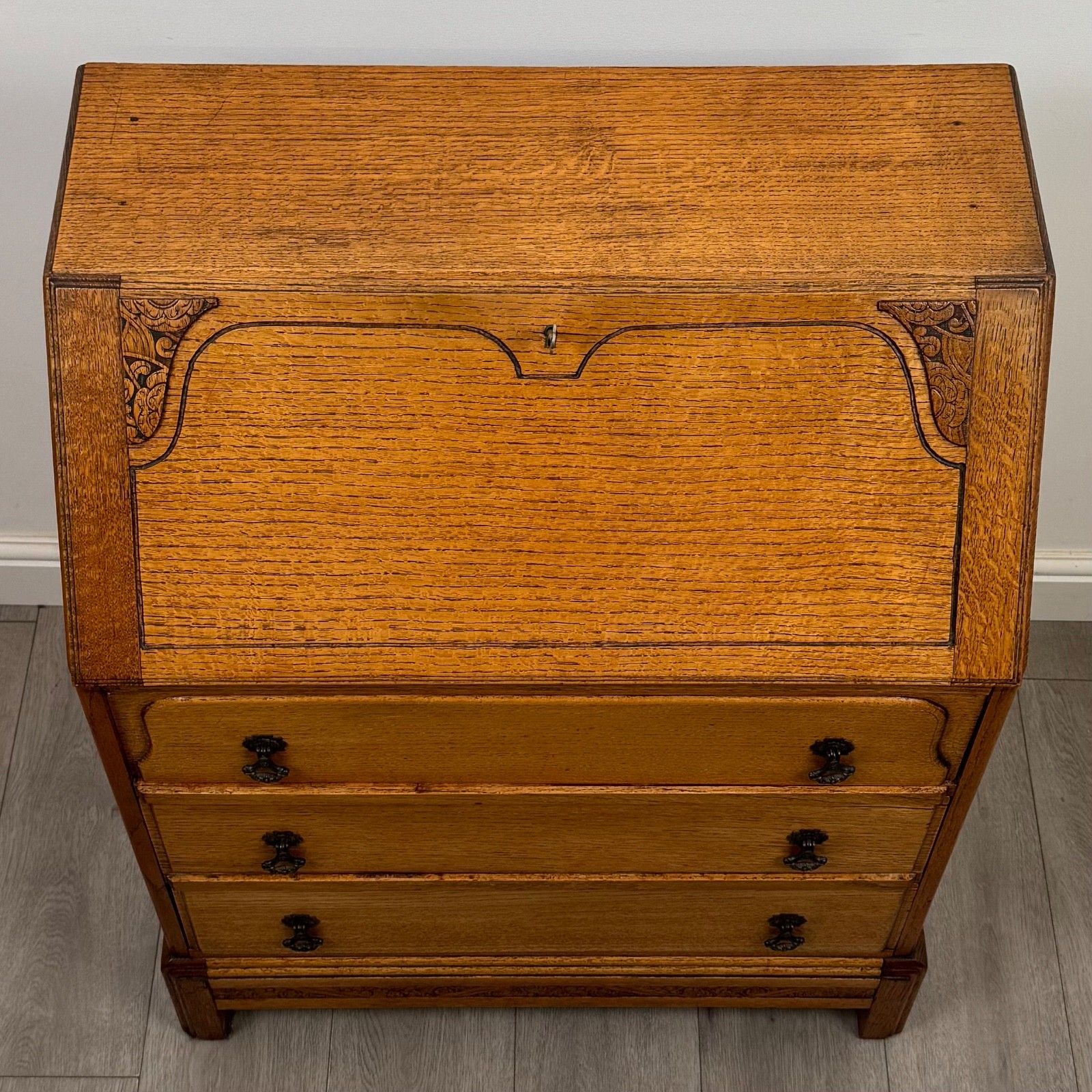 photo for sale Antique 20th Century Art Deco Style Golden Oak Bureau ( Af 5497 )
