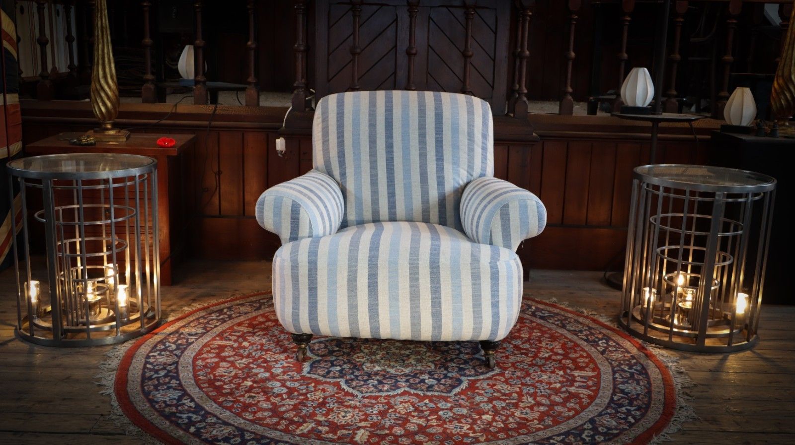 Howard And Sons Club Style Armchair Colefax And Fowler Linen Stripes Blue White photo Furniture