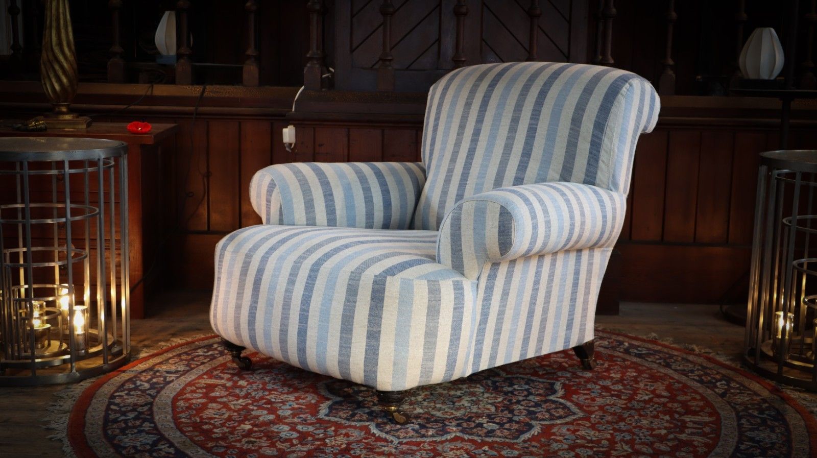 Howard And Sons Club Style Armchair Colefax And Fowler Linen Stripes Blue White photo buy