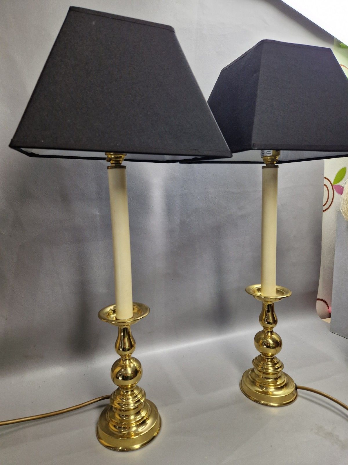 Vintage Pair Of Brass Tall Candlestick Table Lamps Black Shades Country House photo vinterior
