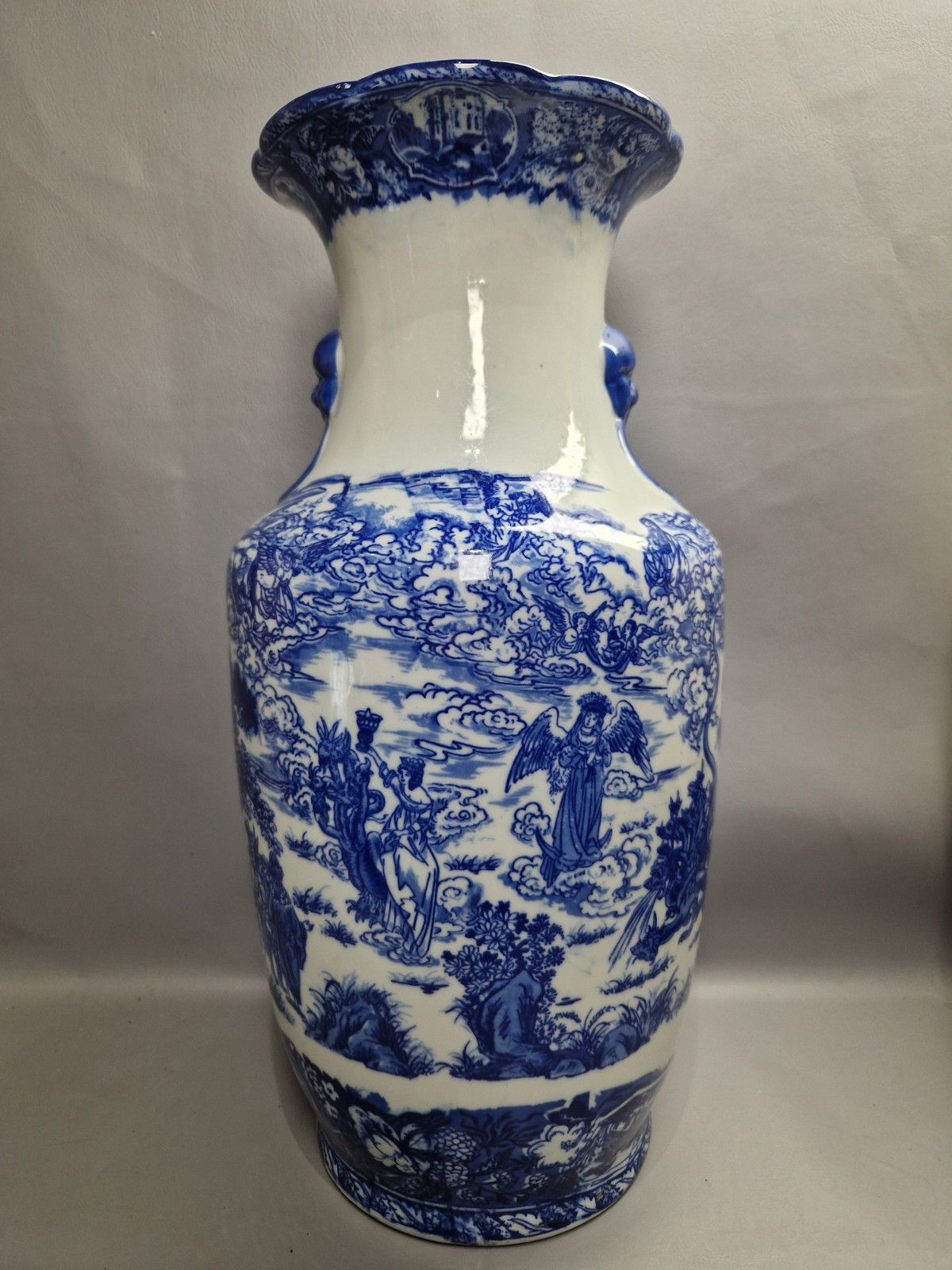 Tall Blue And White Vase Angels 5 Headed Serpent Very Decorative Marked P