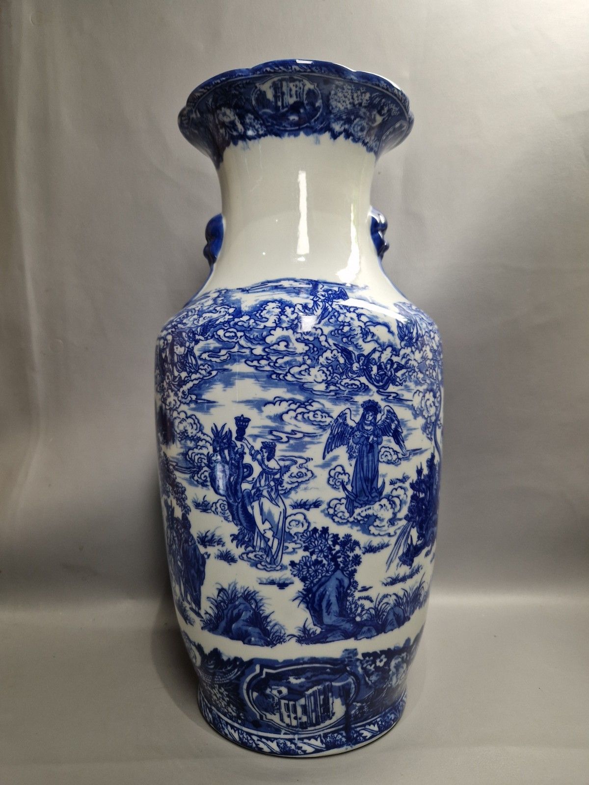 120.0 Tall Blue And White Vase Angels 5 Headed Serpent Very Decorative Marked P photo