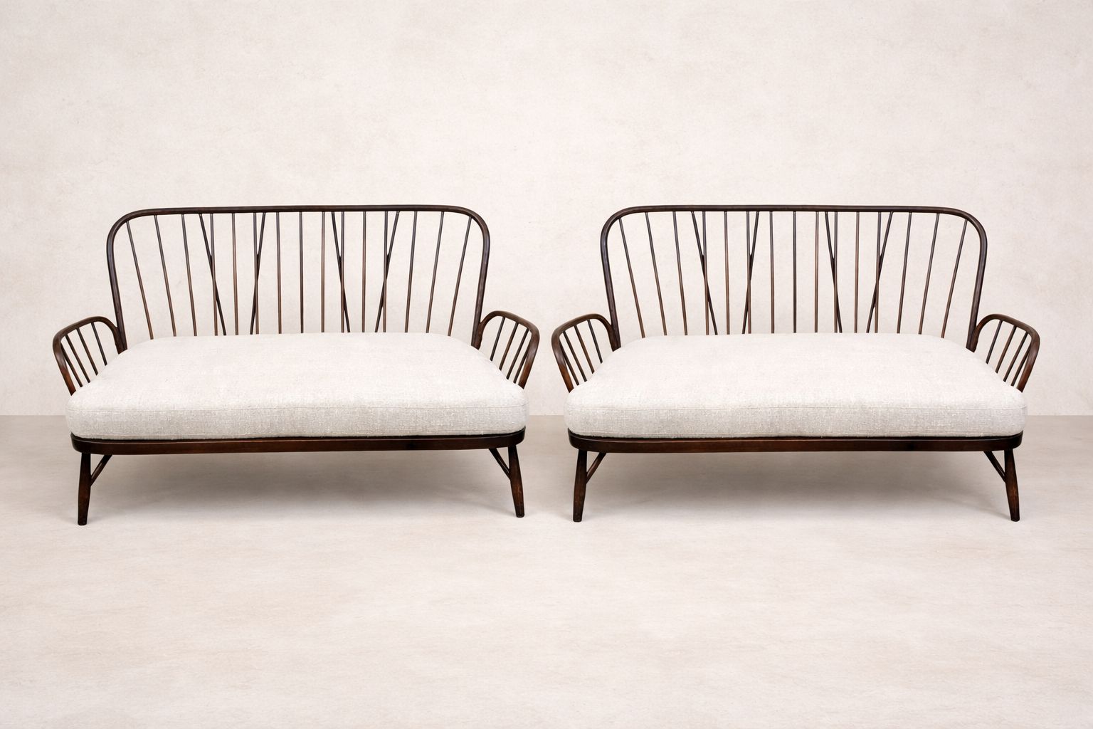 Pair Of Vintage Ercol Windsor Two Seater Sofas In Linen Upholstery