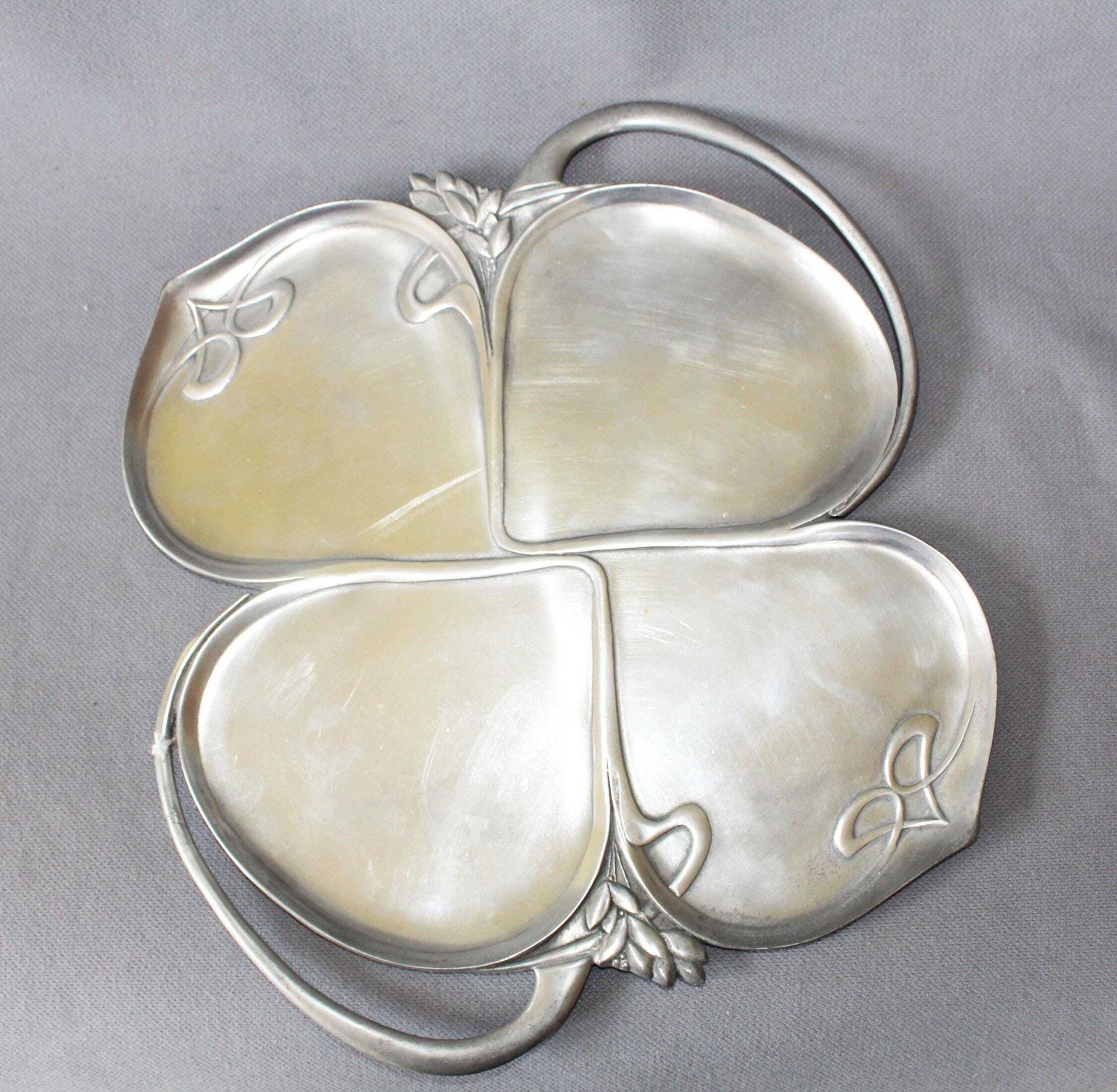 Large Vintage Pewter Centerpiece Tray, 94% Etain Pur, Four Leaf Clover Art Nouveau Design, Flat Platter, Potstainiers Hutois Belgium