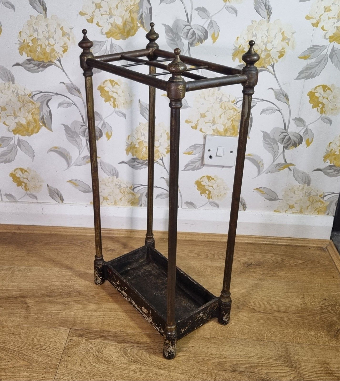 Antique Victorian Tarnished Brass Cast Iron Stick Umbrella Stand 6 Division photo for sale