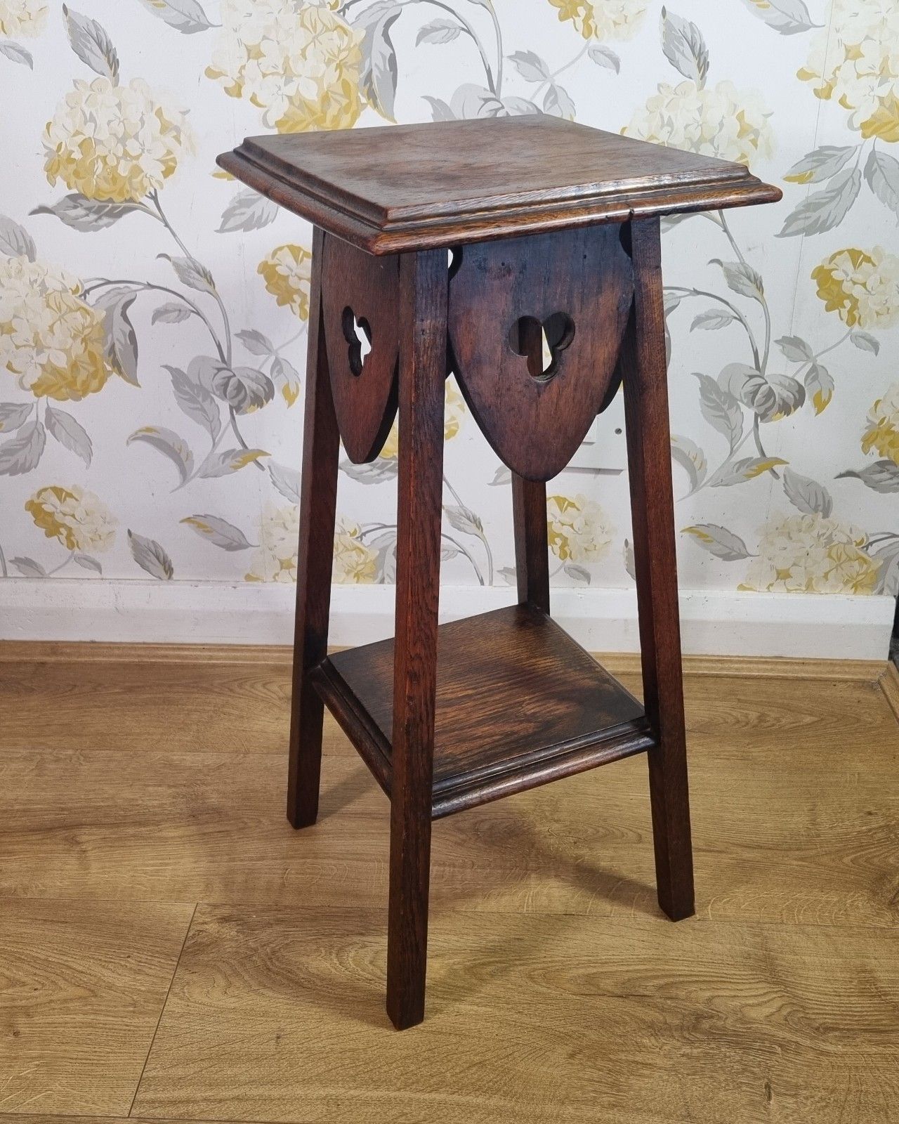 Antique Oak Arts And Crafts Plant Stand Torchere Dark Patina Lamp Side Table photo for sale