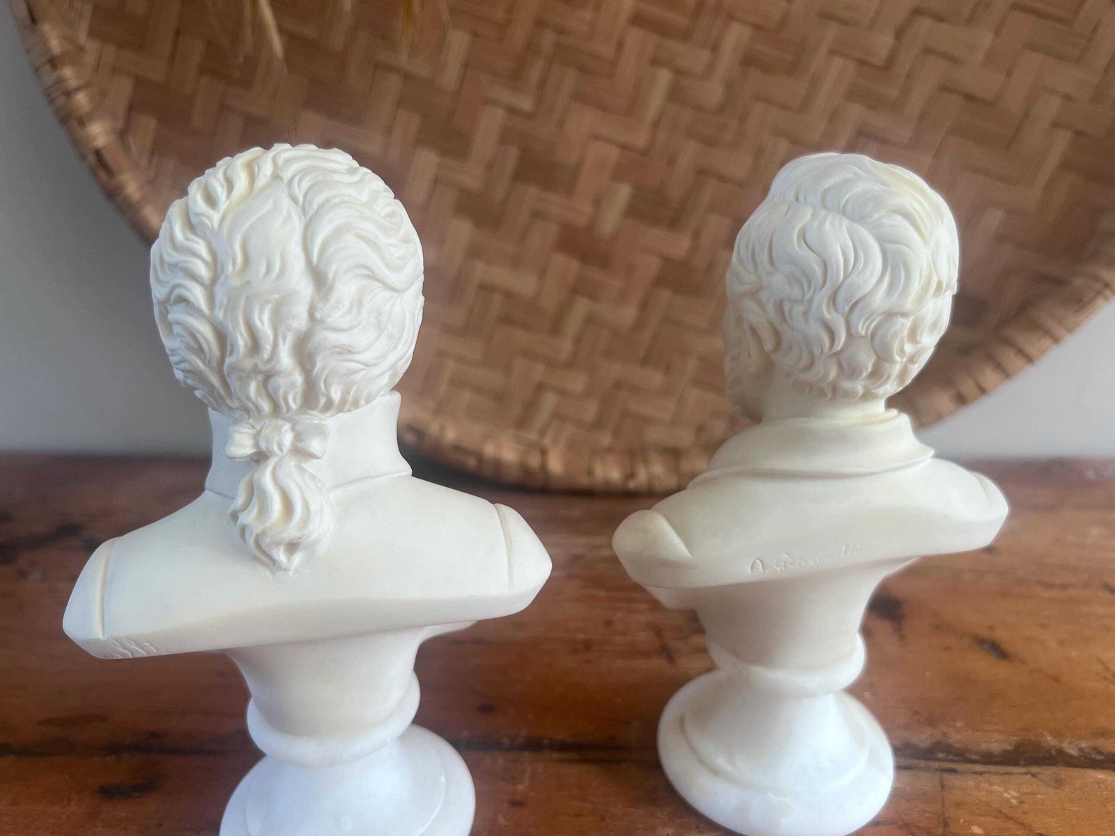 photo vinterior Vintage A. Giannelli Alabaster Busts   Mozart & Wagner Set | Italian Carved Composer Statues | Neo Classical Hollywood Regency Dark Academia