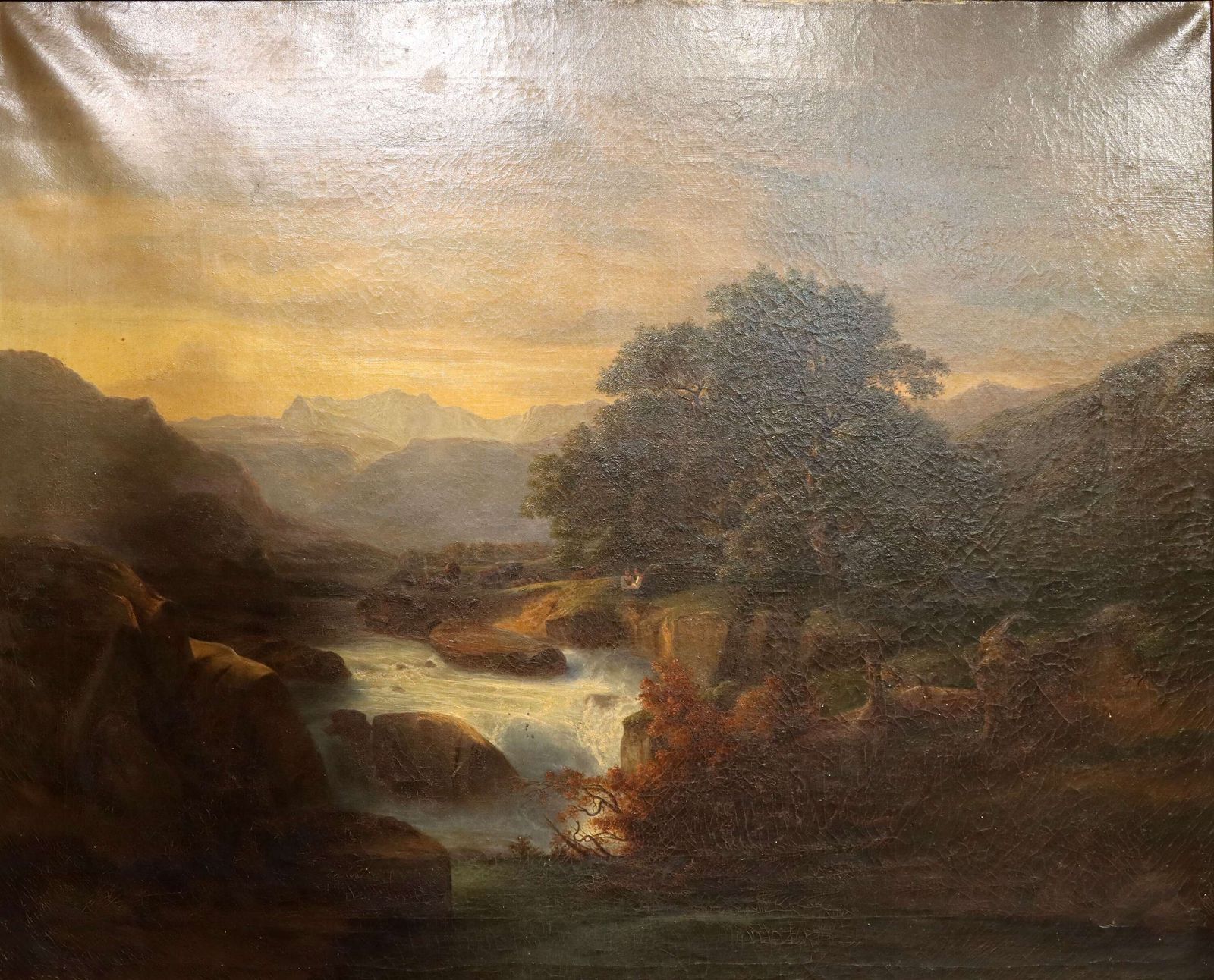 Large 19th Century Continental School Landscape Oil Painting In Original Gilt Frame photo for sale