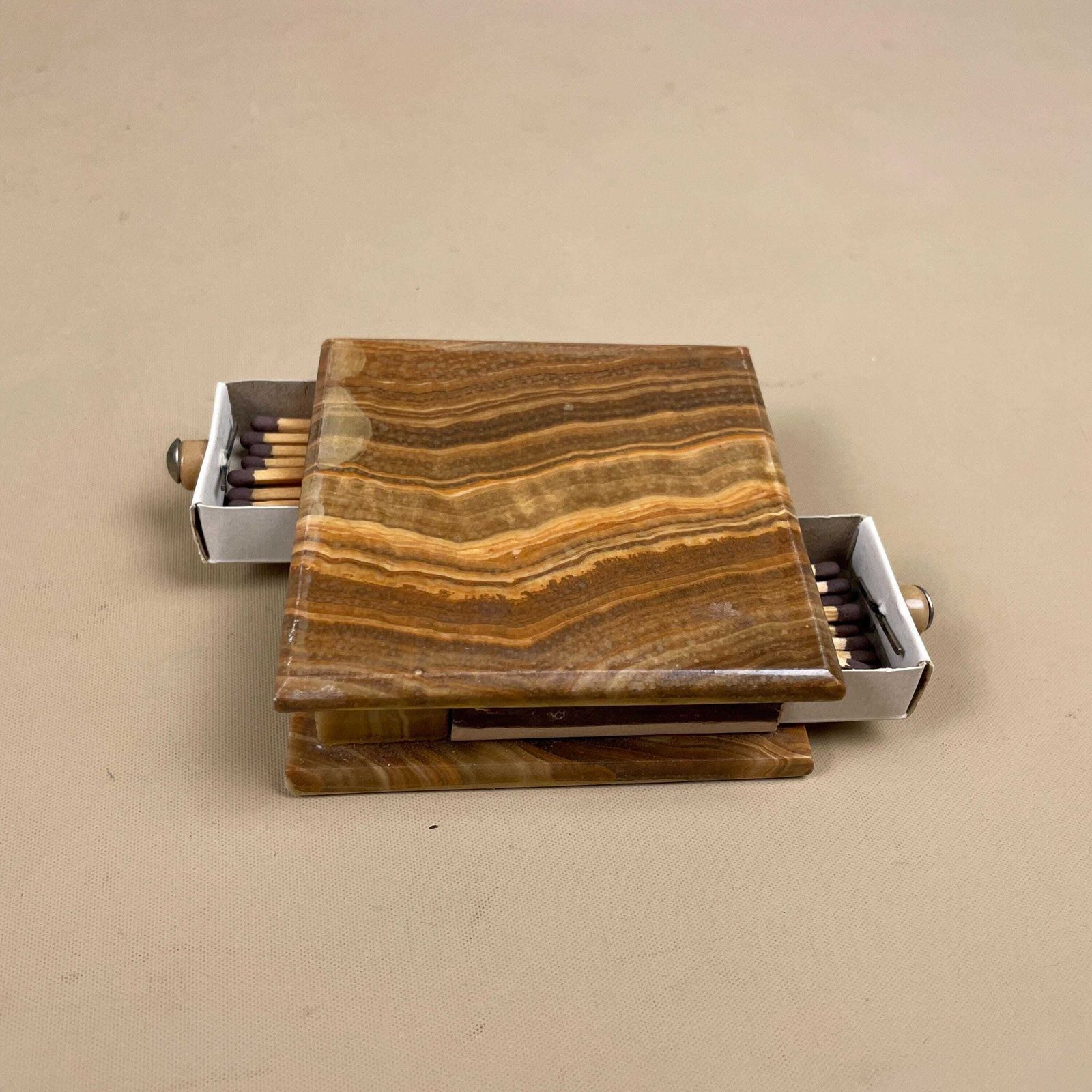 photo furniture Onyx Marble Match Box Holder Vintage Carved Stone 2x Drawer Match Holder Brown Mid Century Desk Table Display