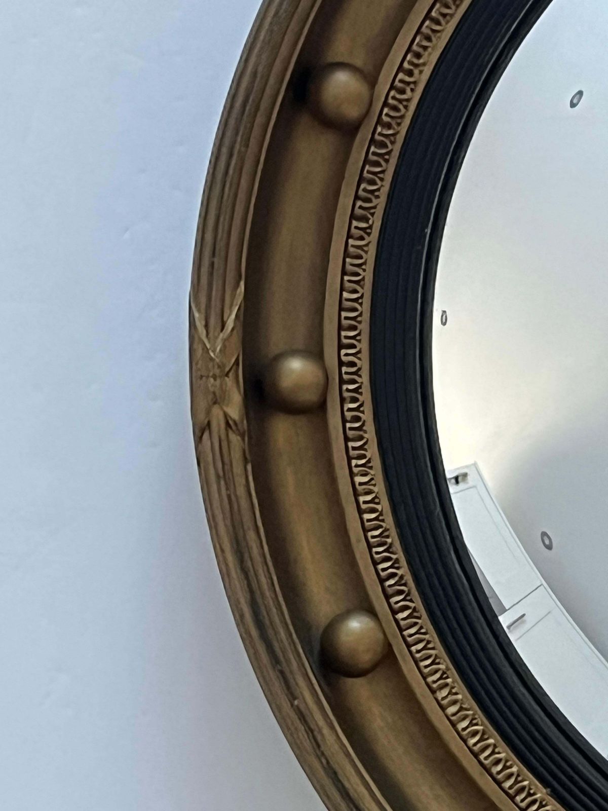 Home Decor Round Convex Wall Mirror Ribbon And Ball Detail Regency Style 18.4 Inch, Ca 1925 photo