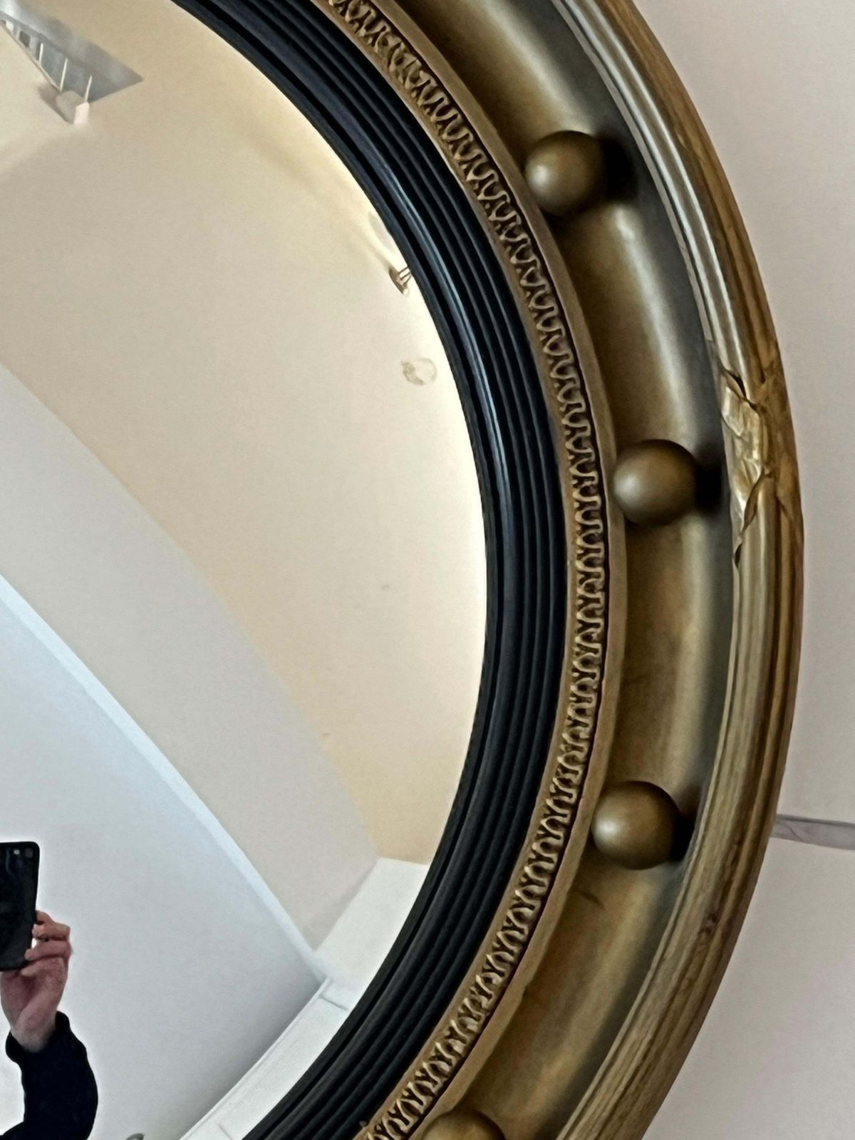 525.0 Round Convex Wall Mirror Ribbon And Ball Detail Regency Style 18.4 Inch, Ca 1925 photo