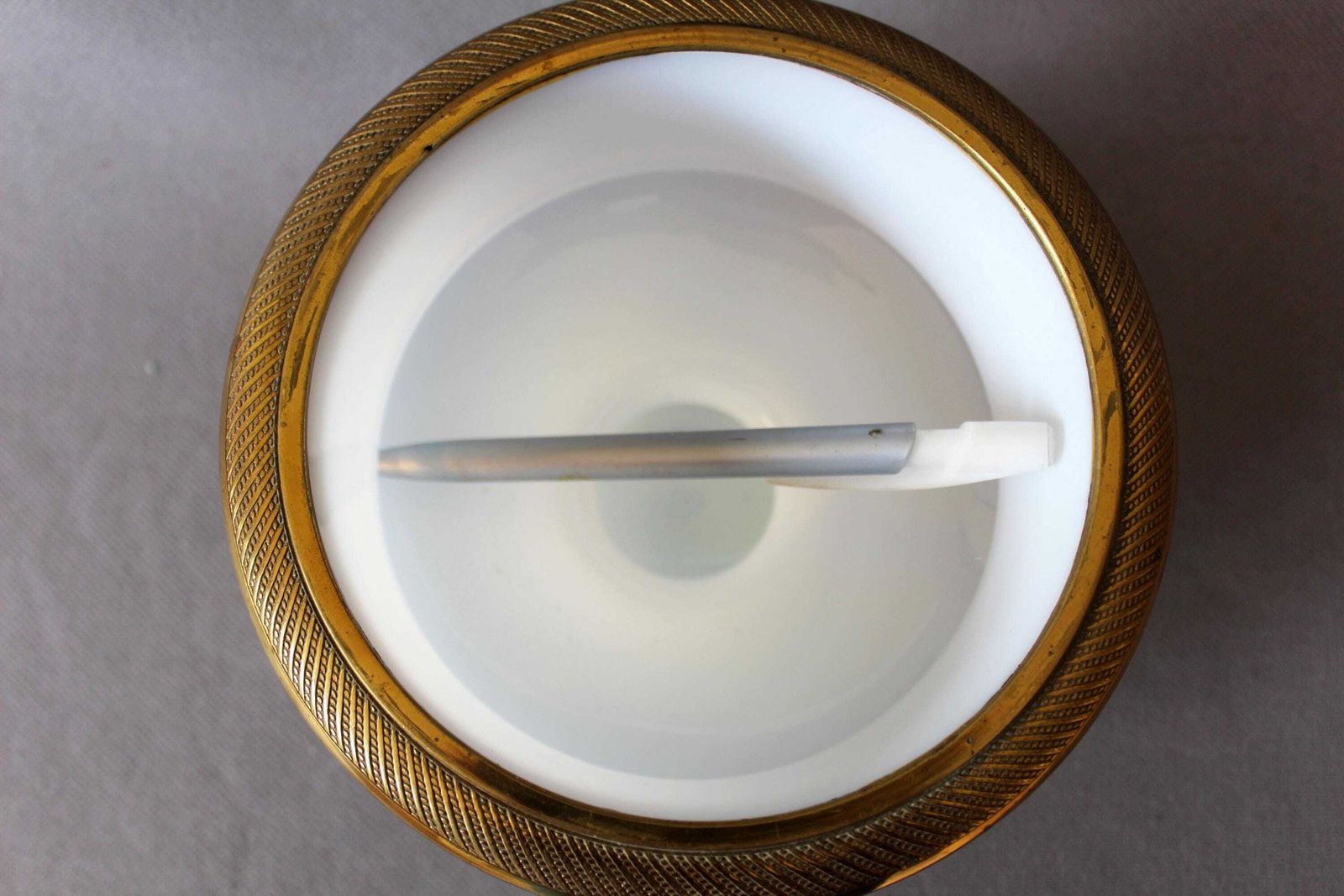 Large Antique White Opaline Glass Bowl, Brass Engraved Ormolu Gild Color Rim, Art Glass, Orange Tint, Pedestal, Centerpiece, Ice Bowl photo Home Decor