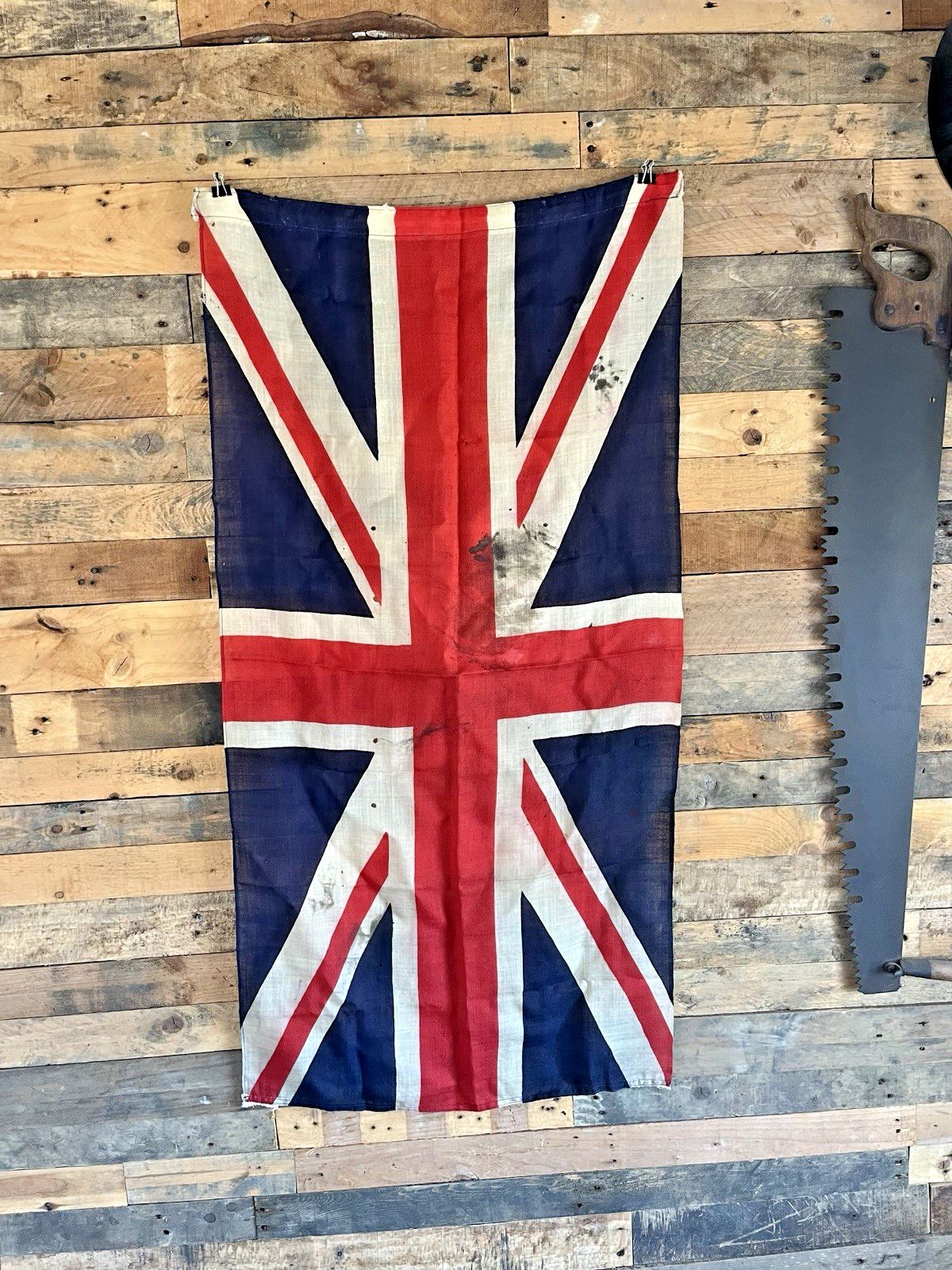 Antique 53" British Union Jack Naval Ensign Linen Flag Vintage Wall Hanging 40's photo furniture