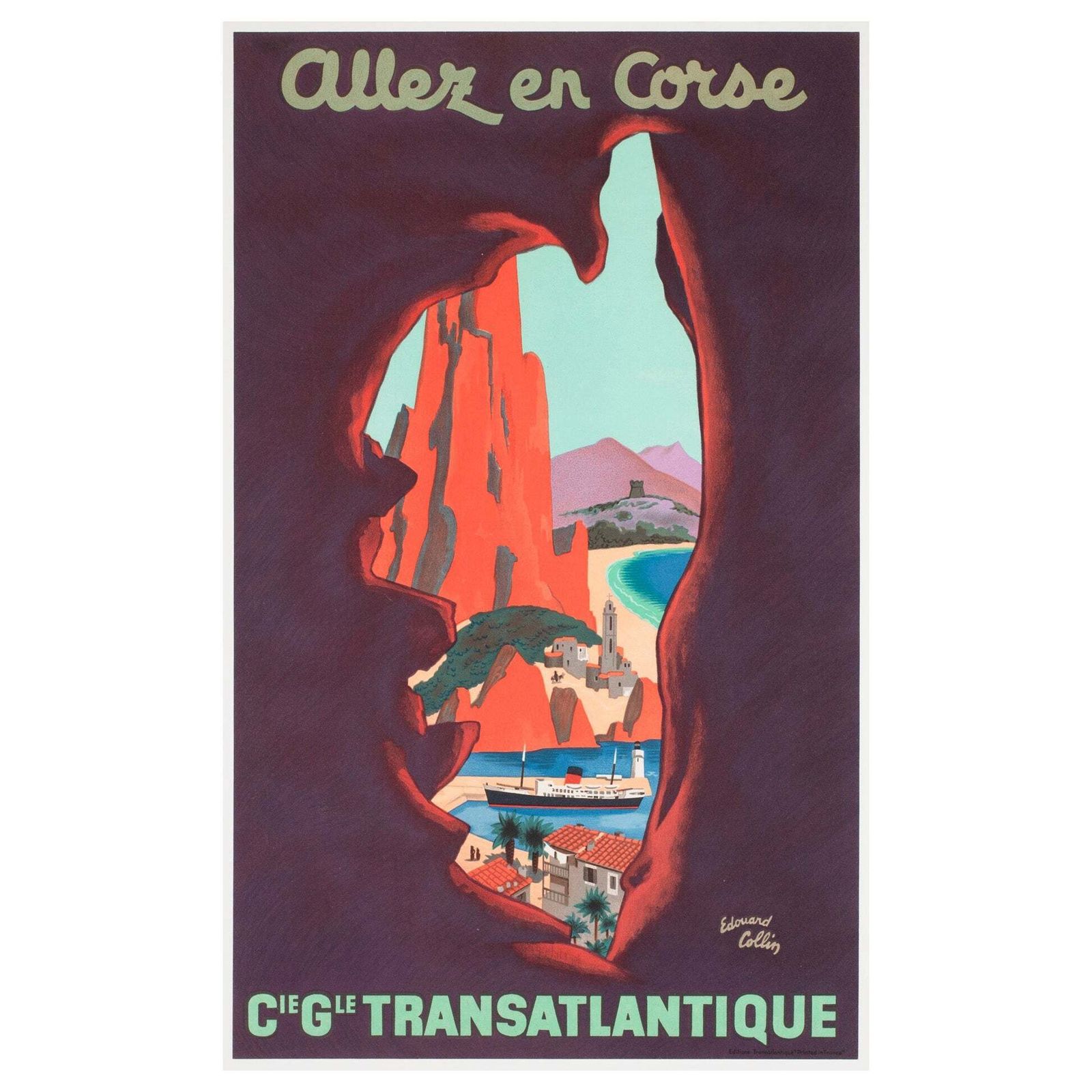 Allez En Corse Cgt C1950s Corsica Small French Travel Poster, Edouard Collin
