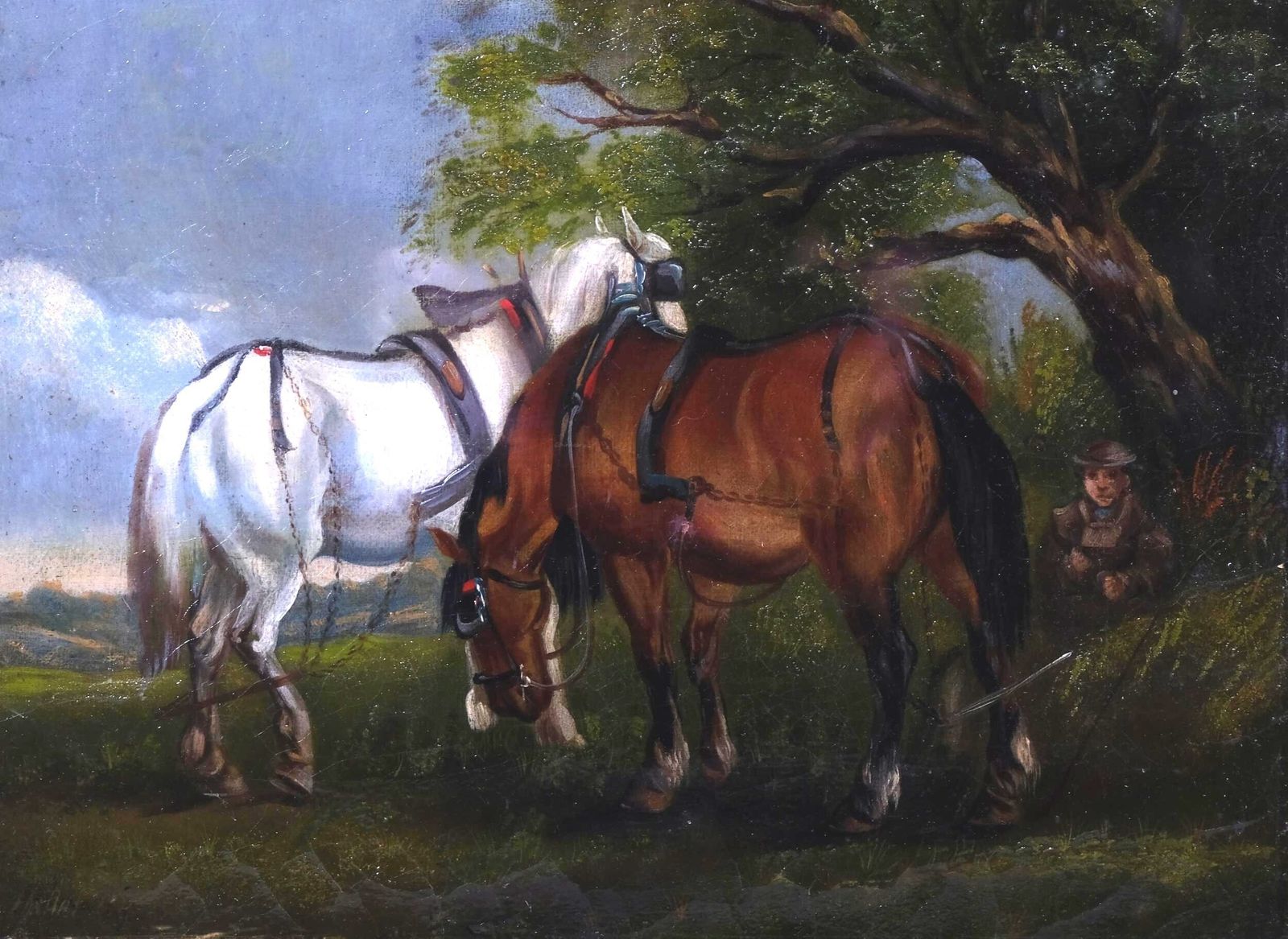 Antique Oil Painting Of Work Horses Resting, Signed Hallett photo furniture