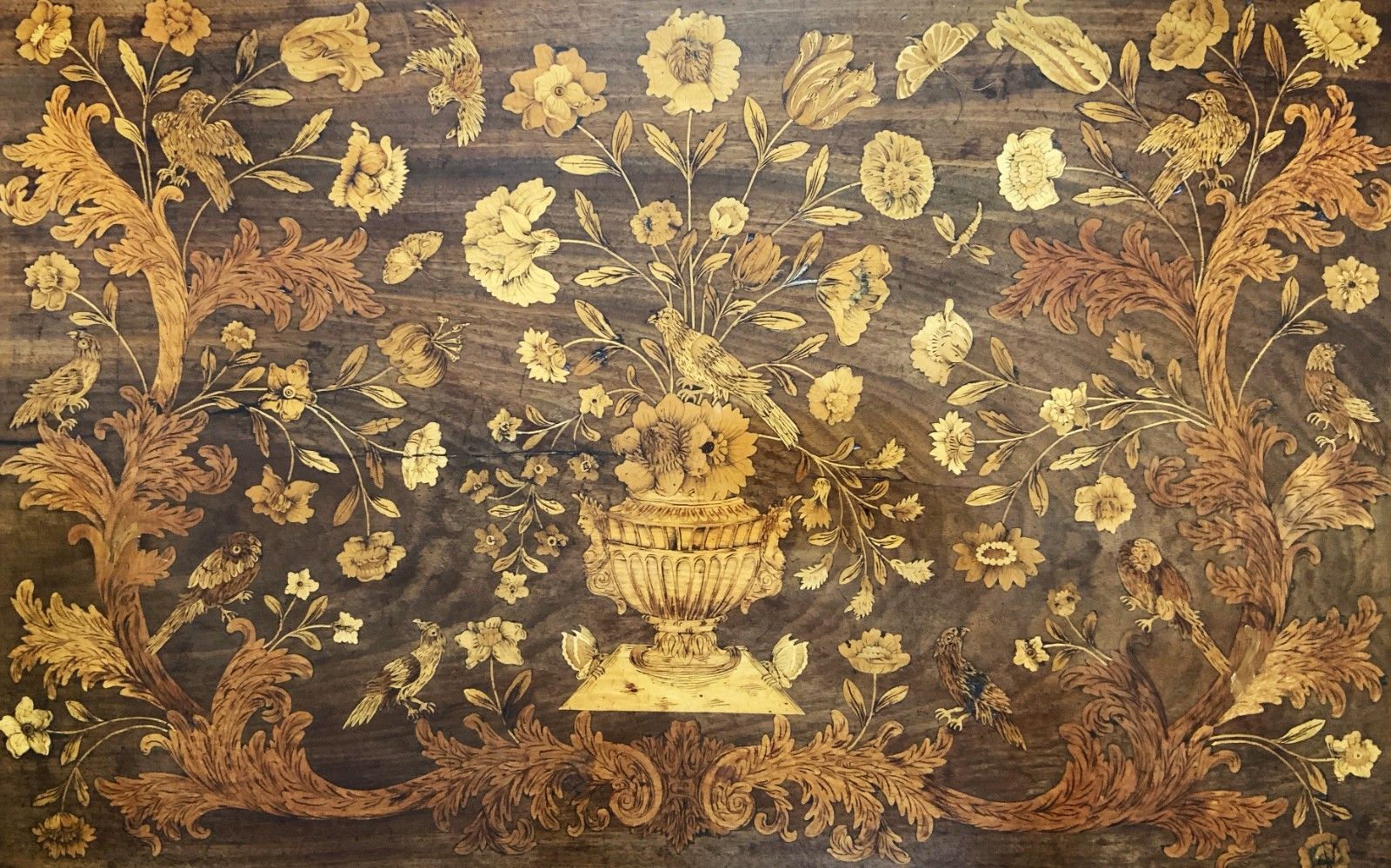 18th Century Dutch Marquetry Silver Top Table Flowers & Birds Rococo Queen Anne photo vintage