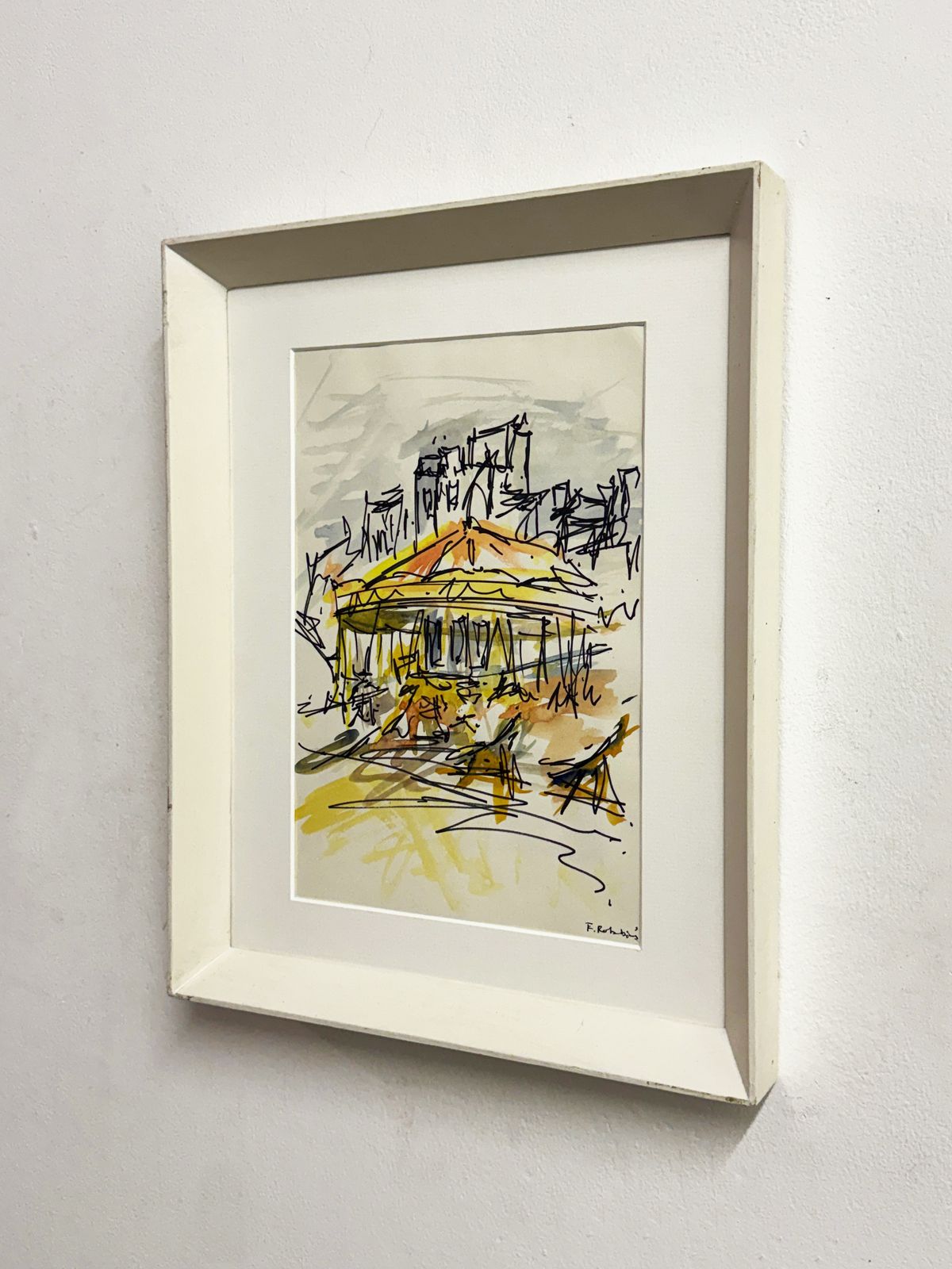 Felix Robbins, Vintage Ink And Watercolour Carousel Fairground Scene Painting photo Art