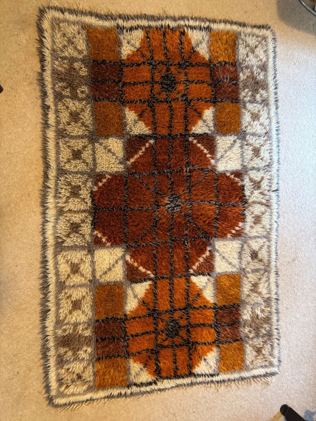 Vintage 1970s Rya Rug   Orange   Brown Tones   Swedish Production photo for sale