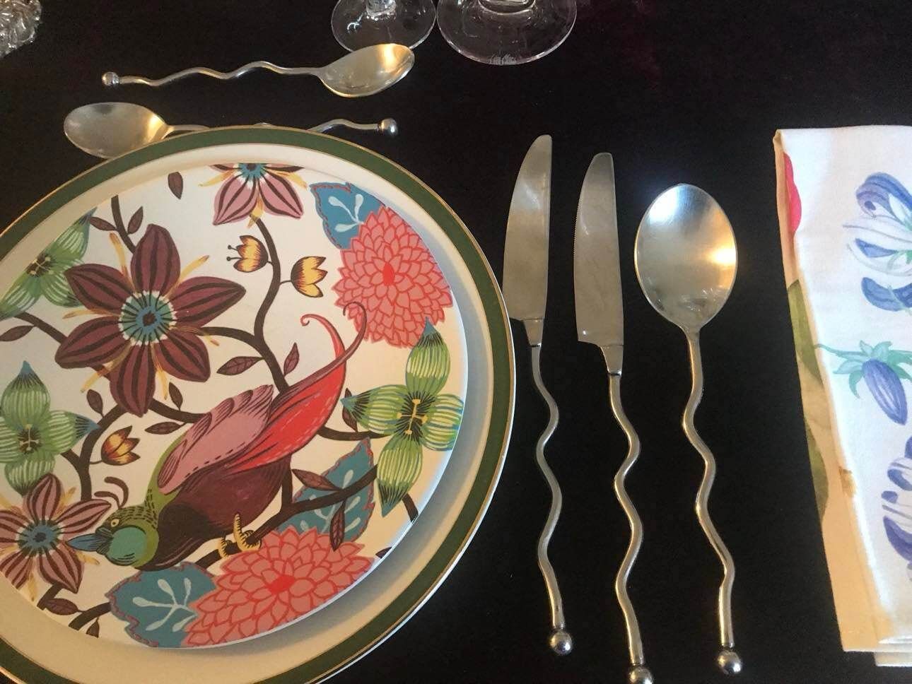 photo for sale Twisted Stainless Steel Flatware Set, French Brutalist Medieval Style, 12 Pieces