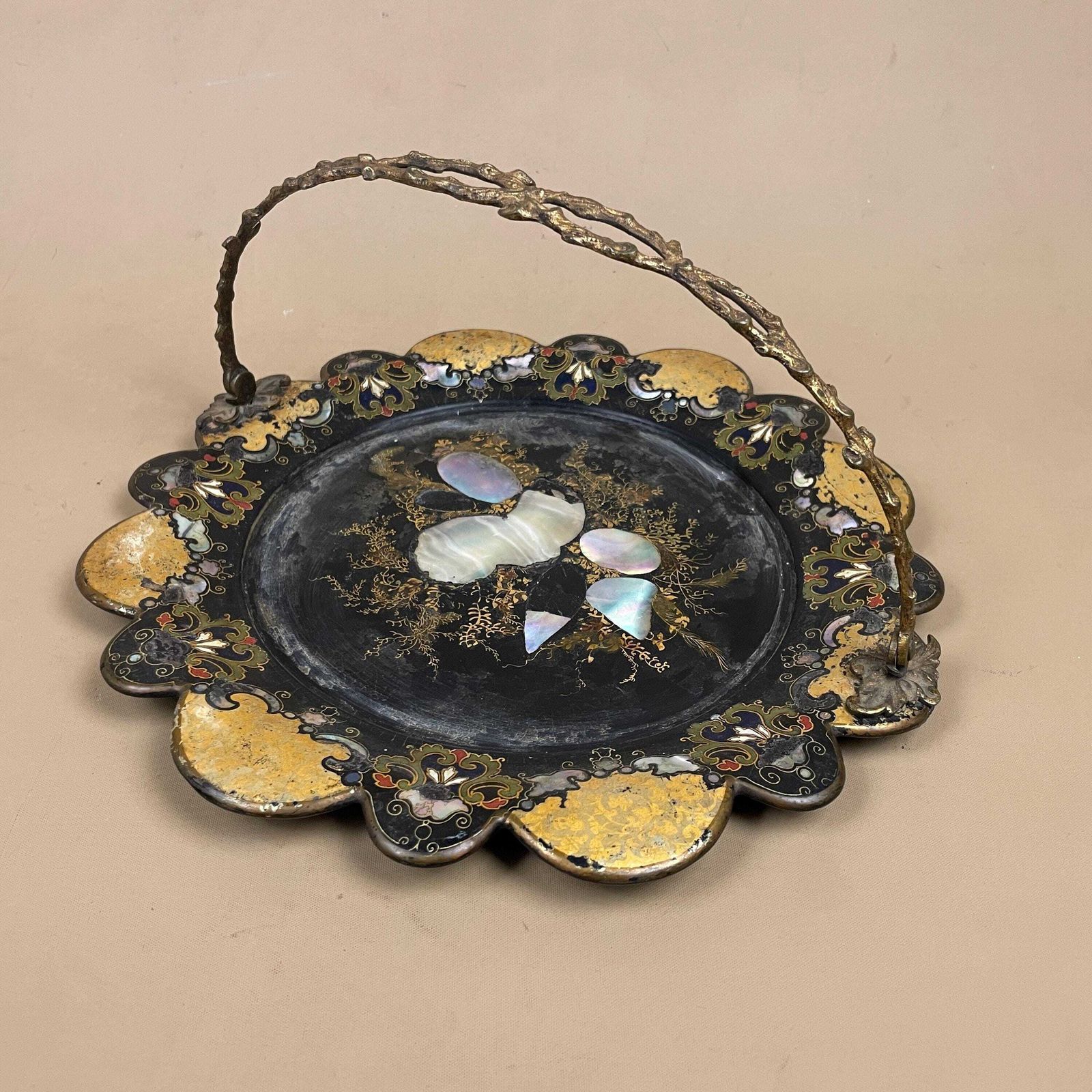 Victorian Papier Mâché Tray Mother Of Pearl Black Gold Floral Metal Handle Scalloped Edge Display Piece