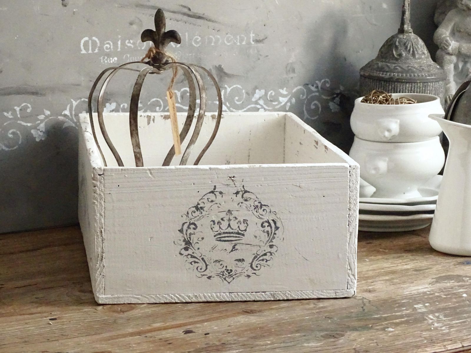 Distressed White Wood Crate: French Country Shabby Chic Storage Box photo vintage