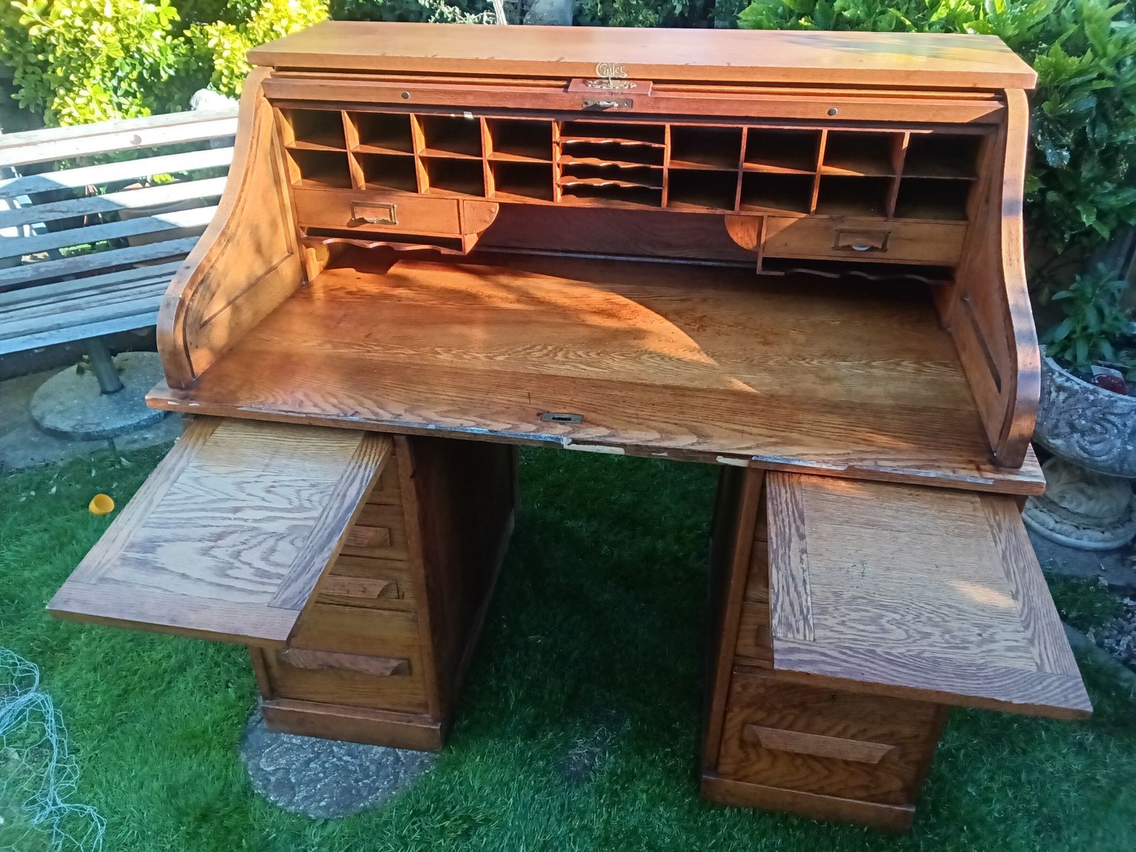 Huge Reduction Of £300.... !Cutlers Of America. A Magnificent 19th Century Oak Roll Top Desk photo for sale