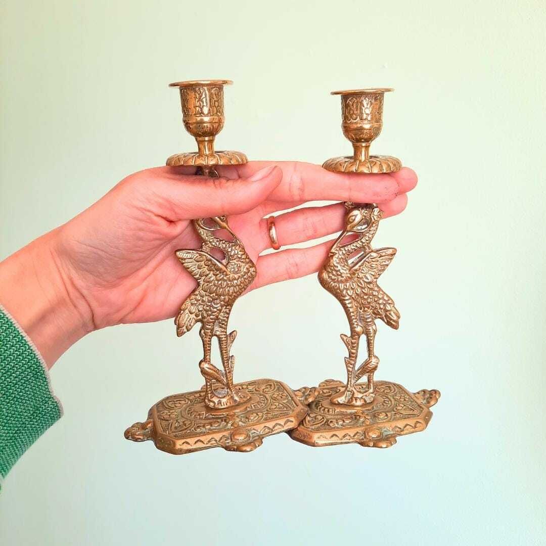 90.0 Antique Victorian Brass Heron Birds Candleholders Pair photo